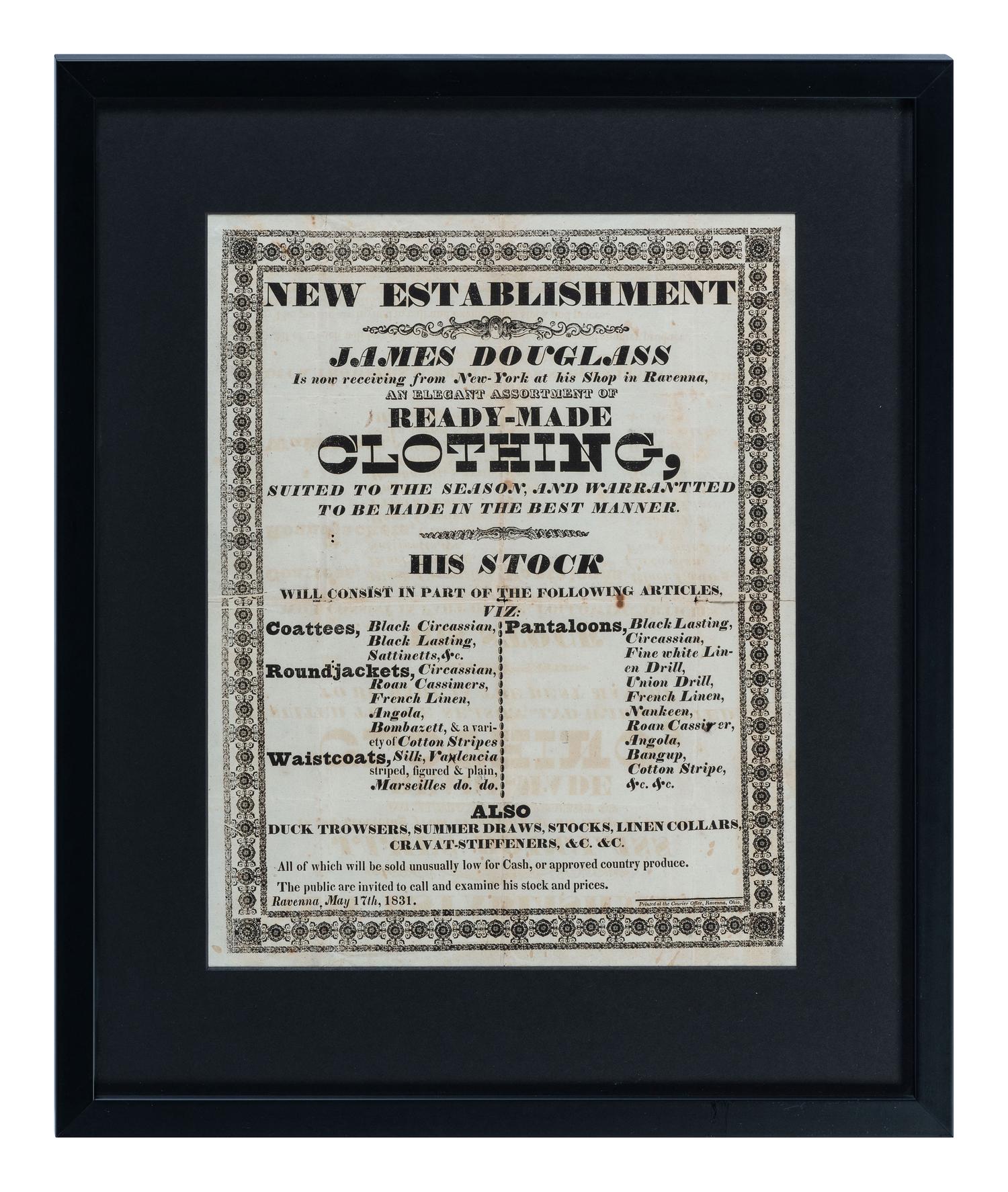 A Printed Broadside Promoting the 'Elegant Assortment of Ready-Made Clothing' Stocked by Shopkeeper James Douglas