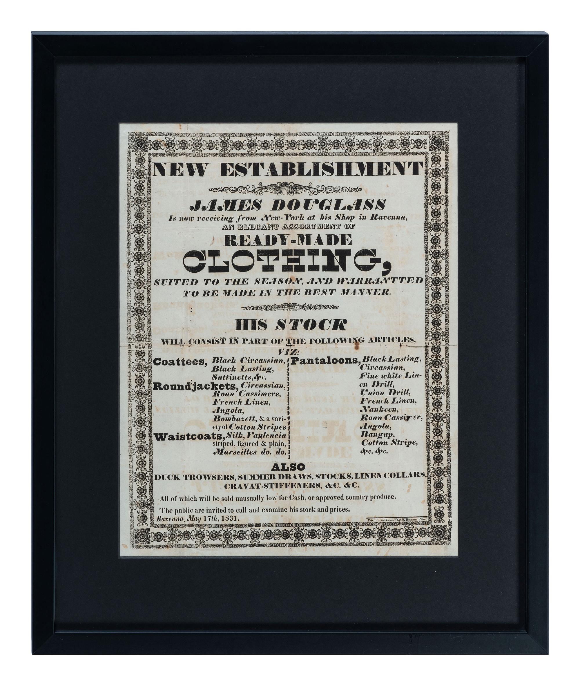 A Printed Broadside Promoting the 'Elegant Assortment of Ready-Made Clothing' Stocked by Shopkeeper James Douglas