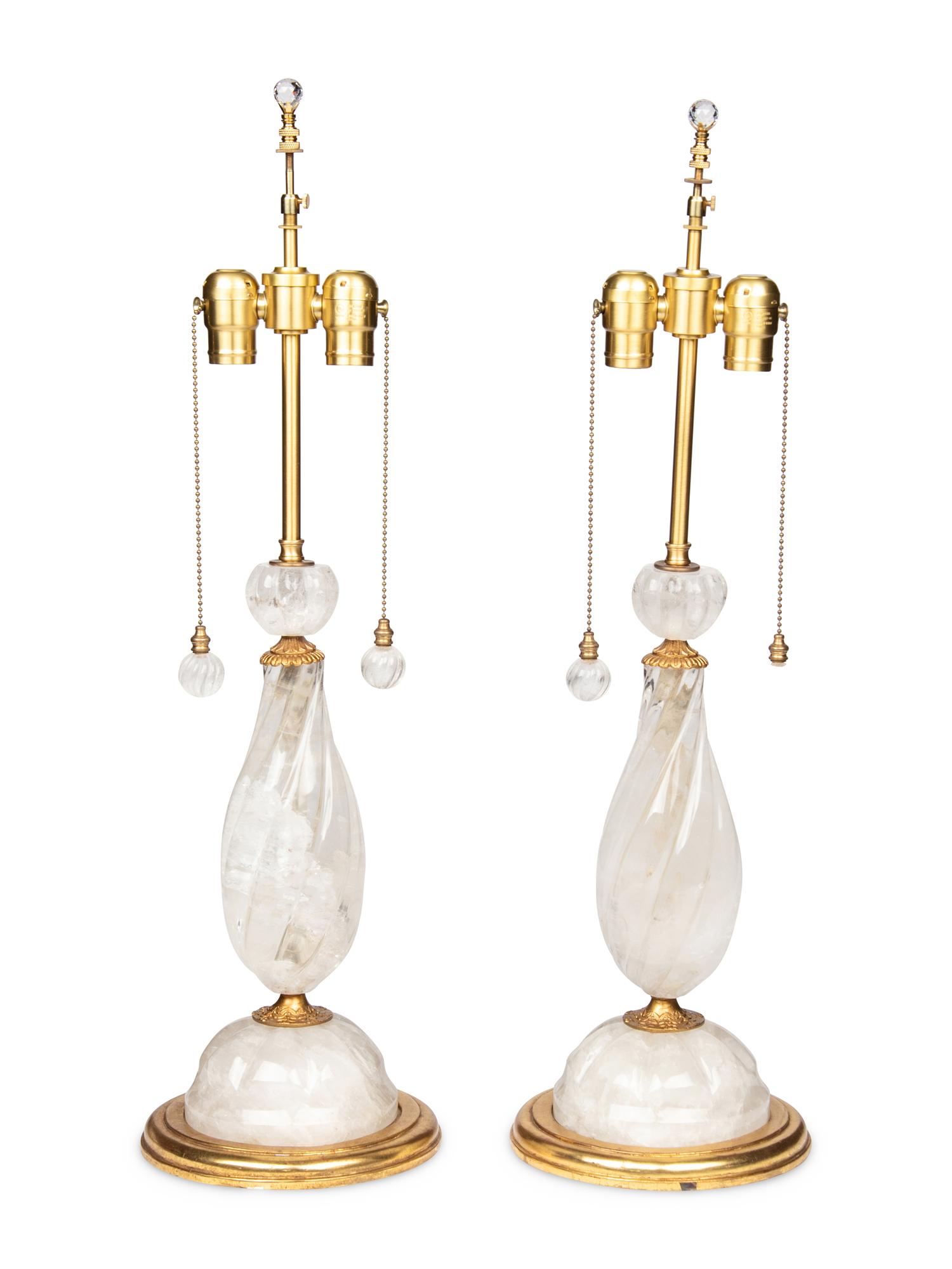 A Pair of Gilt Metal and Rock Crystal Table Lamps