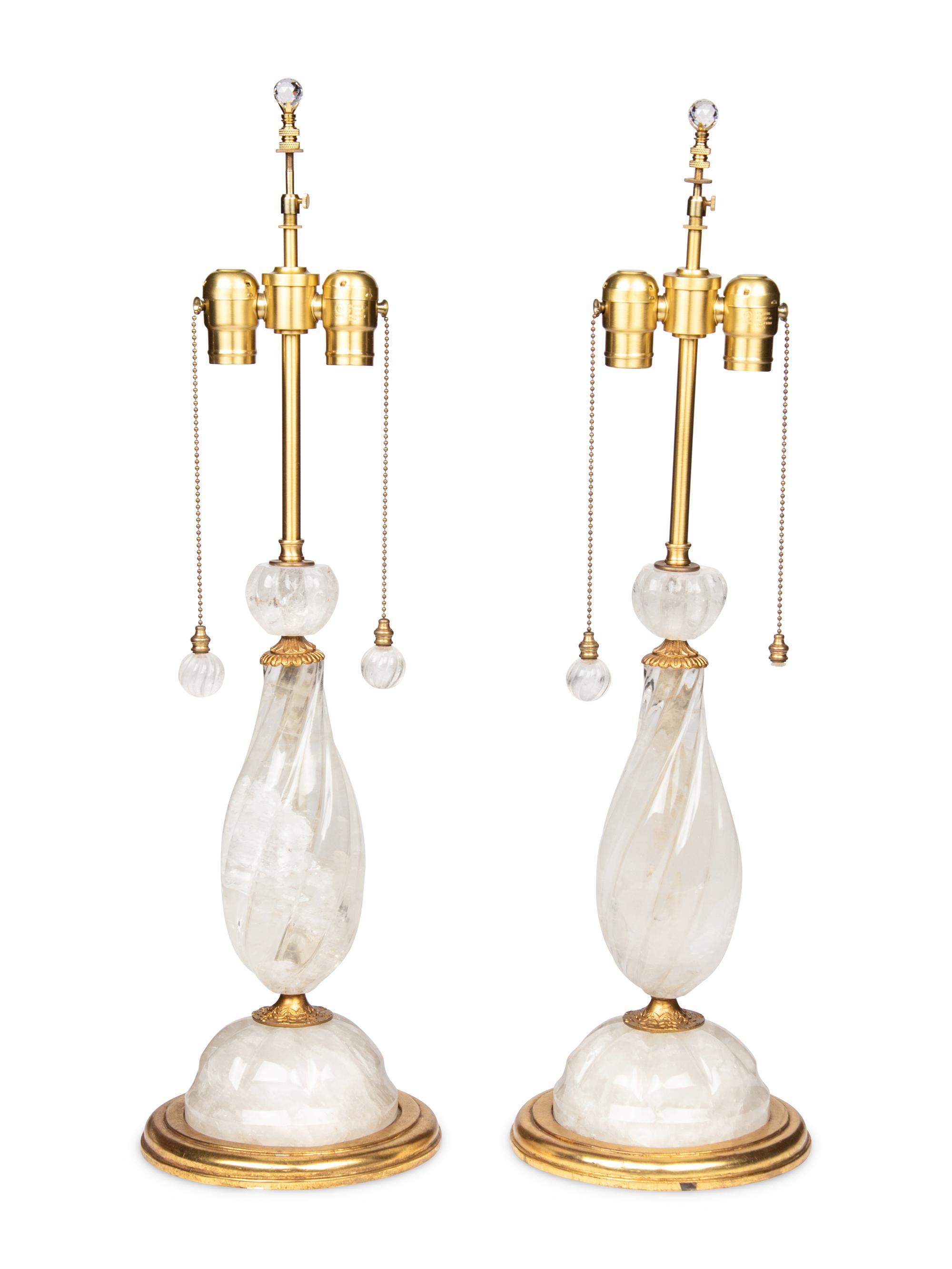 A Pair of Gilt Metal and Rock Crystal Table Lamps