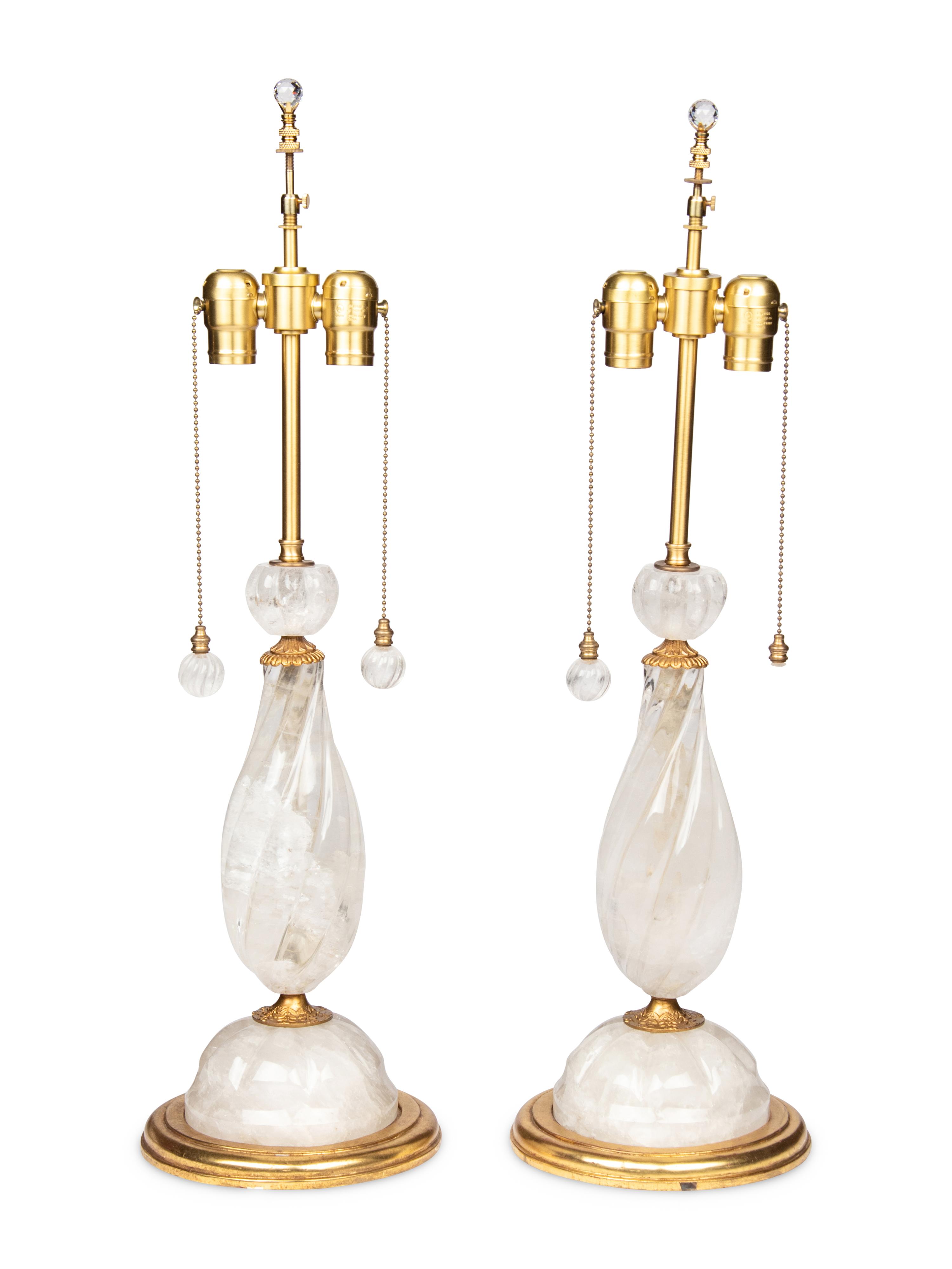 A Pair of Gilt Metal and Rock Crystal Table Lamps