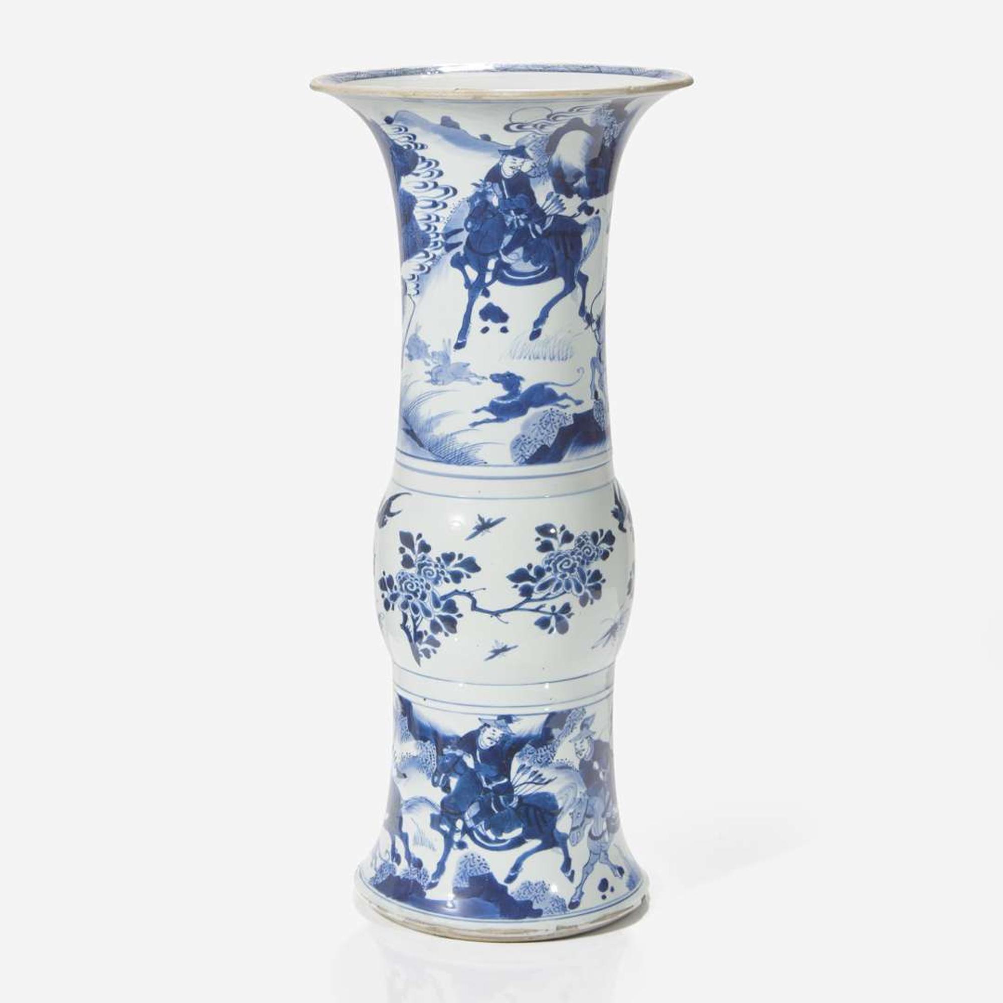 A Chinese blue and white porcelain Gu-form "Hunters" beaker vase 青花狩獵圖花觚 Kangxi period ? ??