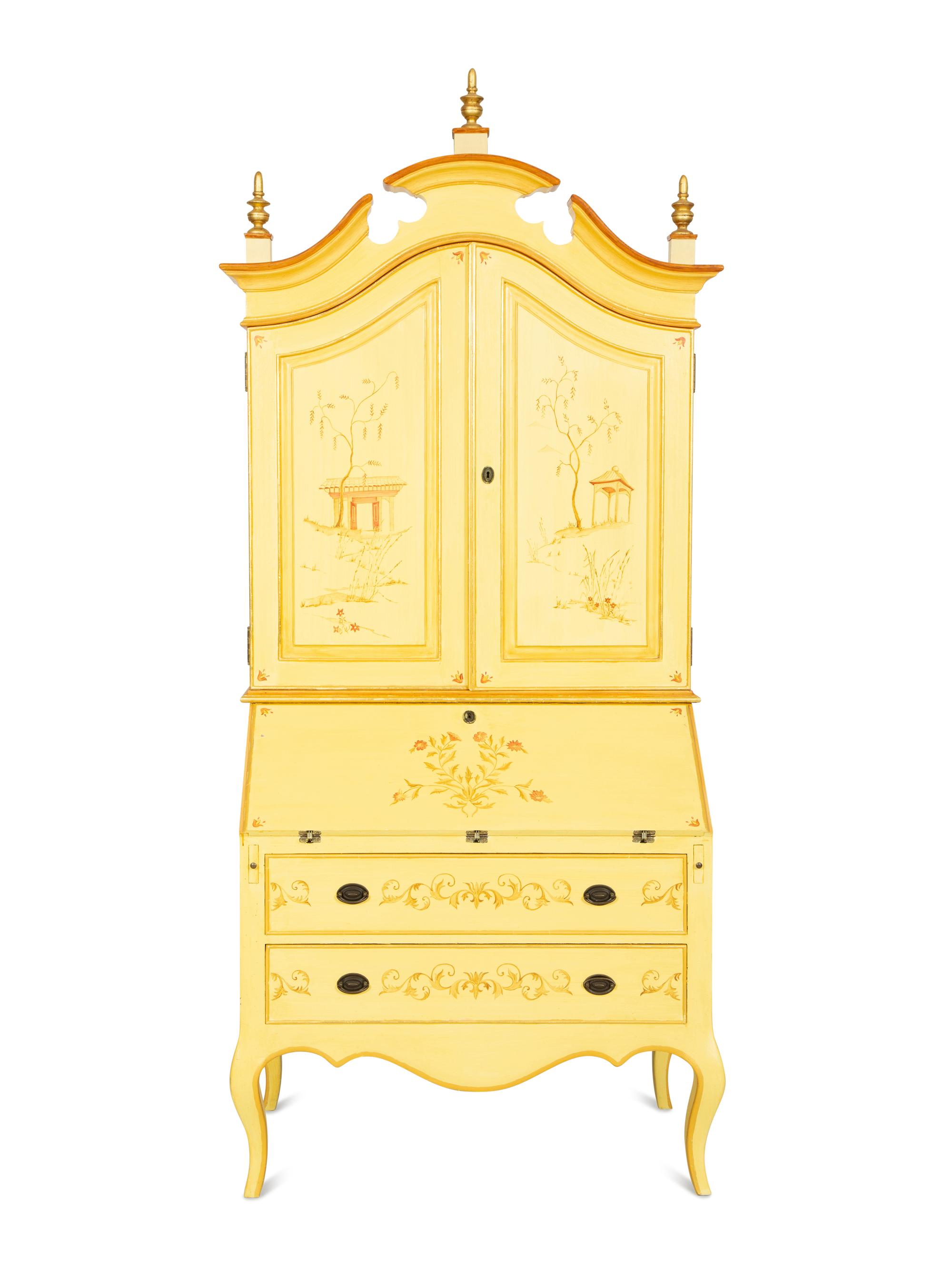 A Venetian Style Painted and Parcel Gilt Bureau Cabinet