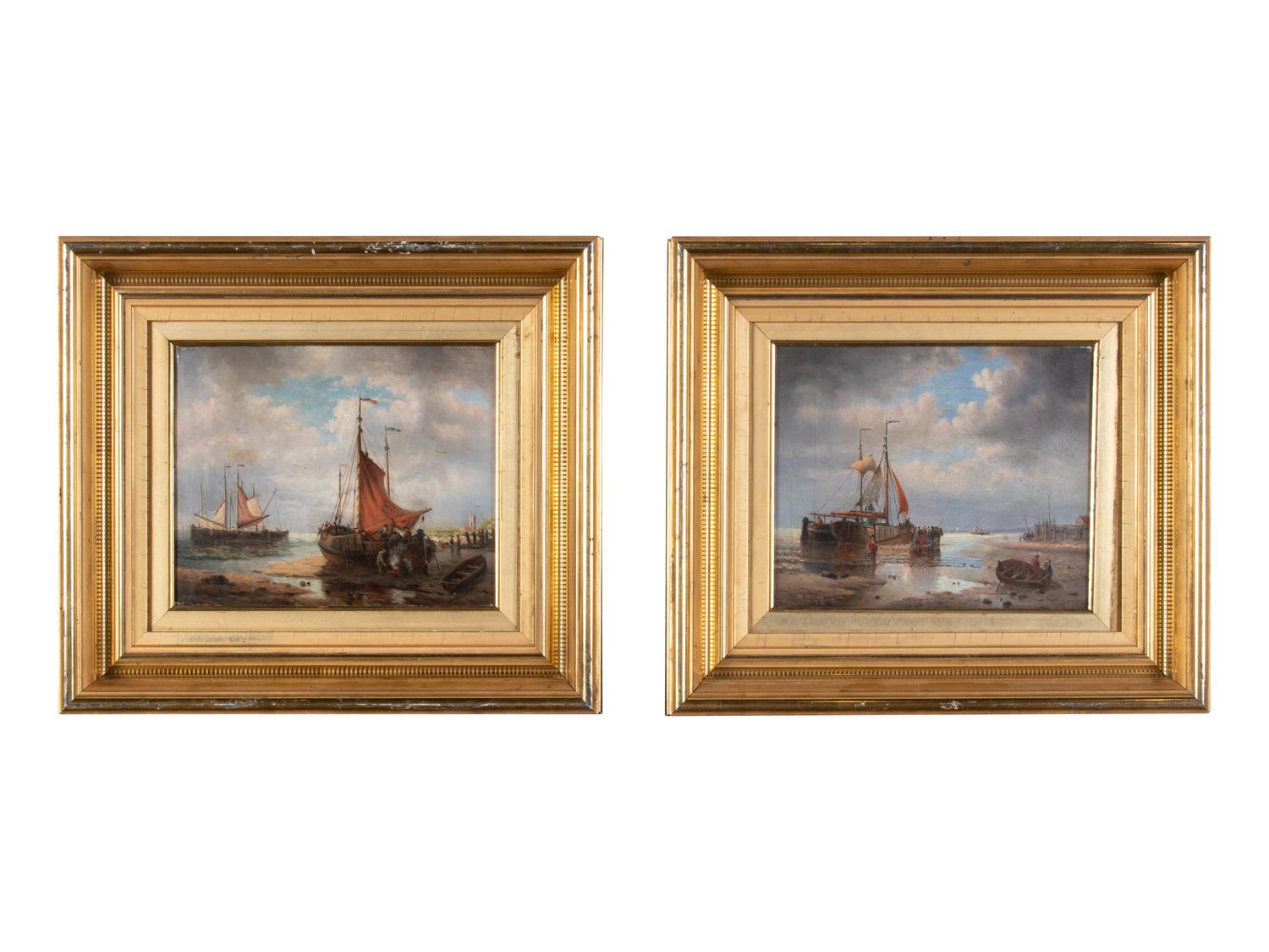 Unknown Artist Two Sailboat in Harbor Scenes oil on canvas