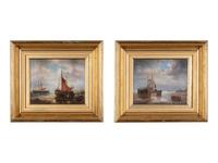 Unknown Artist Two Sailboat in Harbor Scenes oil on canvas