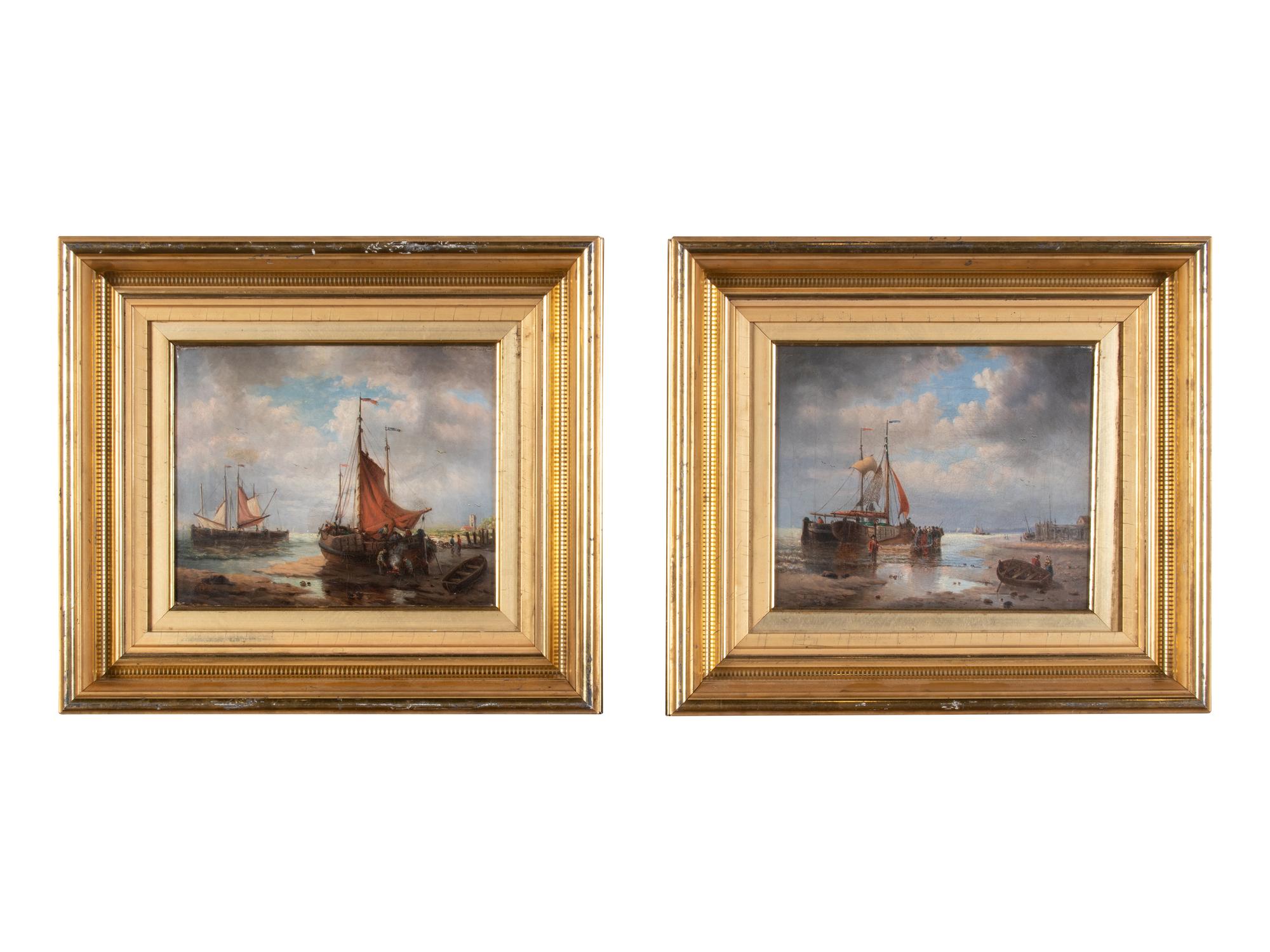 Unknown Artist Two Sailboat in Harbor Scenes oil on canvas