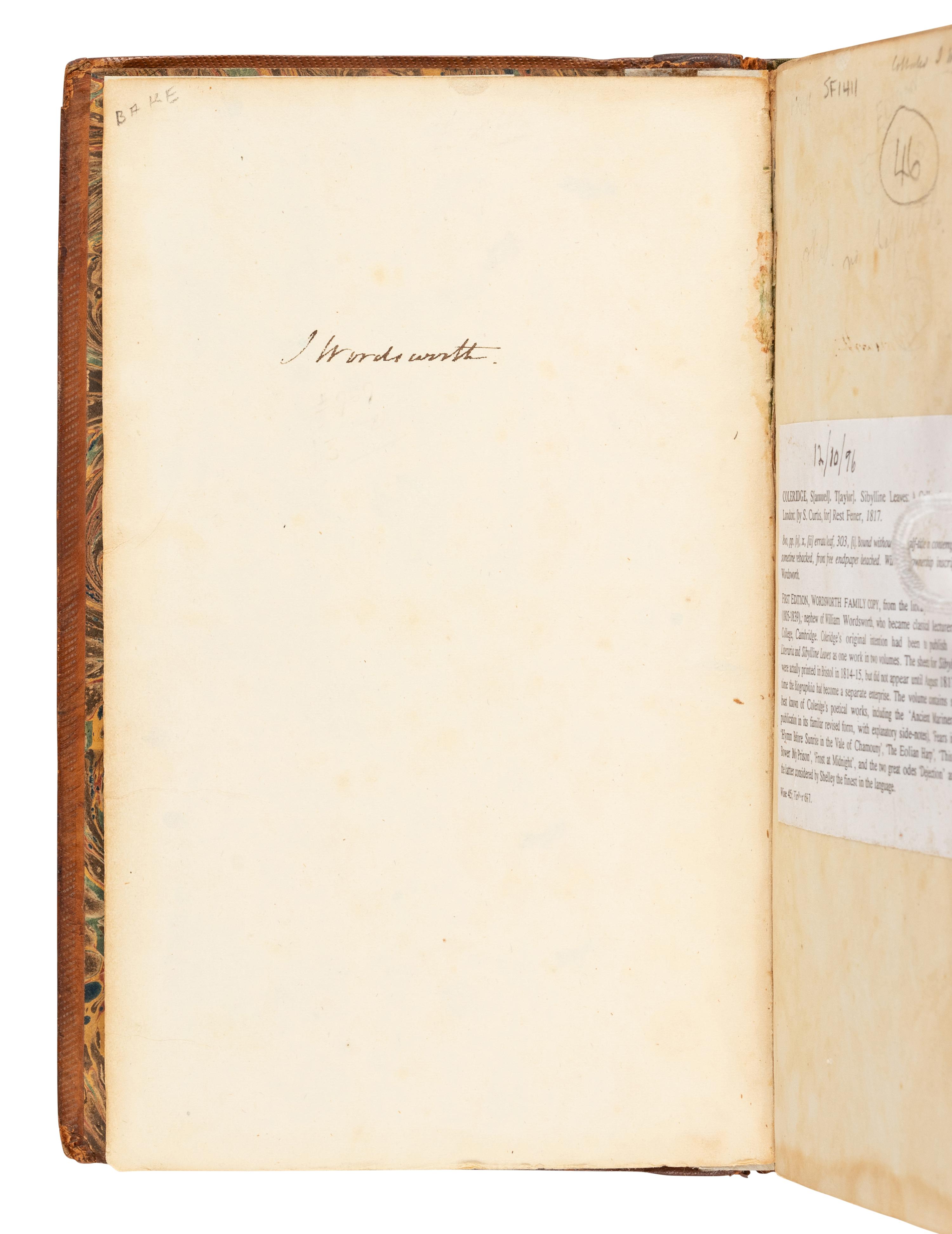 COLERIDGE, Samuel Taylor (1772-1834). Sibylline Leaves: A Collection of Poems . London: Rest Fenner, 1817.