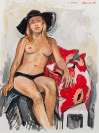 Delia Brown, (American, b. 1969), Leisa in black floppy hat with marimekko pillows, 2003
