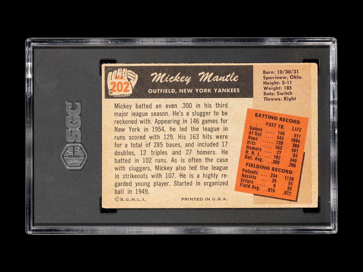 A 1955 Bowman Mickey Mantle Baseball Card No. 202 (SGC 3.5 VG+)