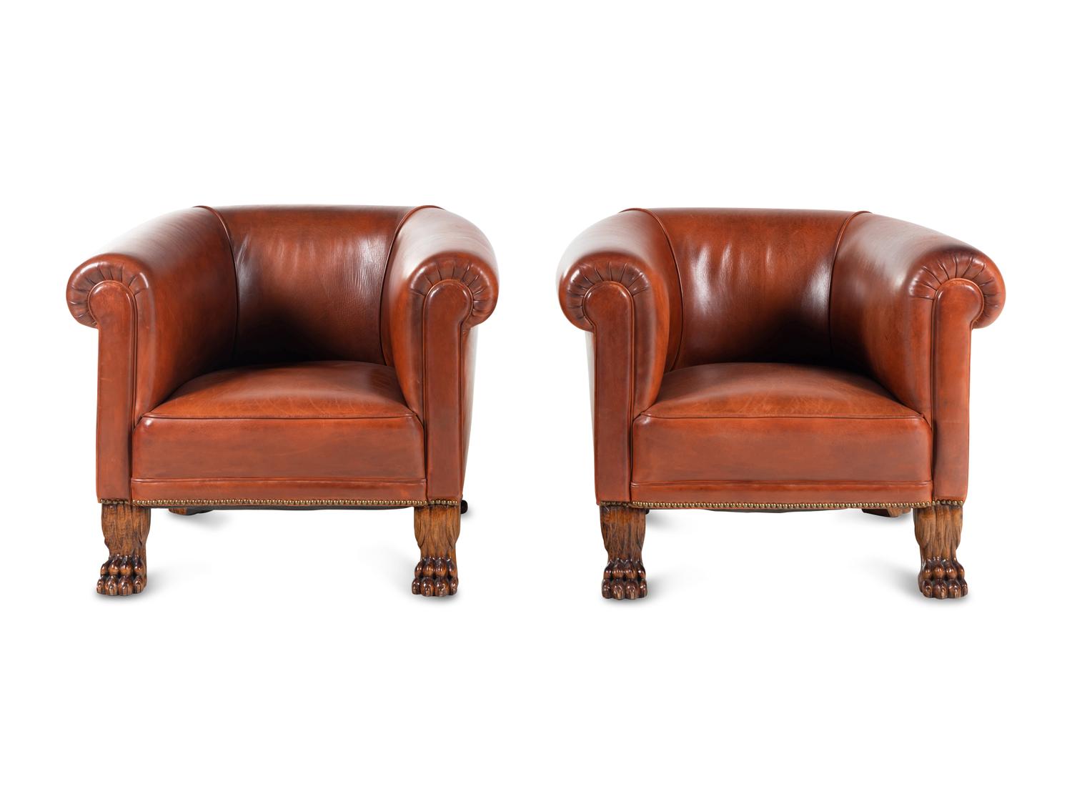 A Leather-Upholstered Mahogany Three-Piece Seating Suite