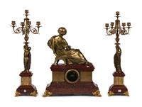A French Neoclassical Gilt Bronze and Rouge Marble Clock Garniture
