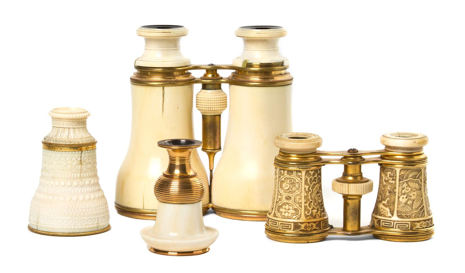 A Pair of English Ivory Veneered Opera Glasses, Width of first 4 7/8 inches.