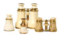 A Pair of English Ivory Veneered Opera Glasses, Width of first 4 7/8 inches.