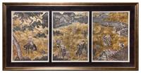 Augustine, (20th century), Triptych: Japanese Figures in Village