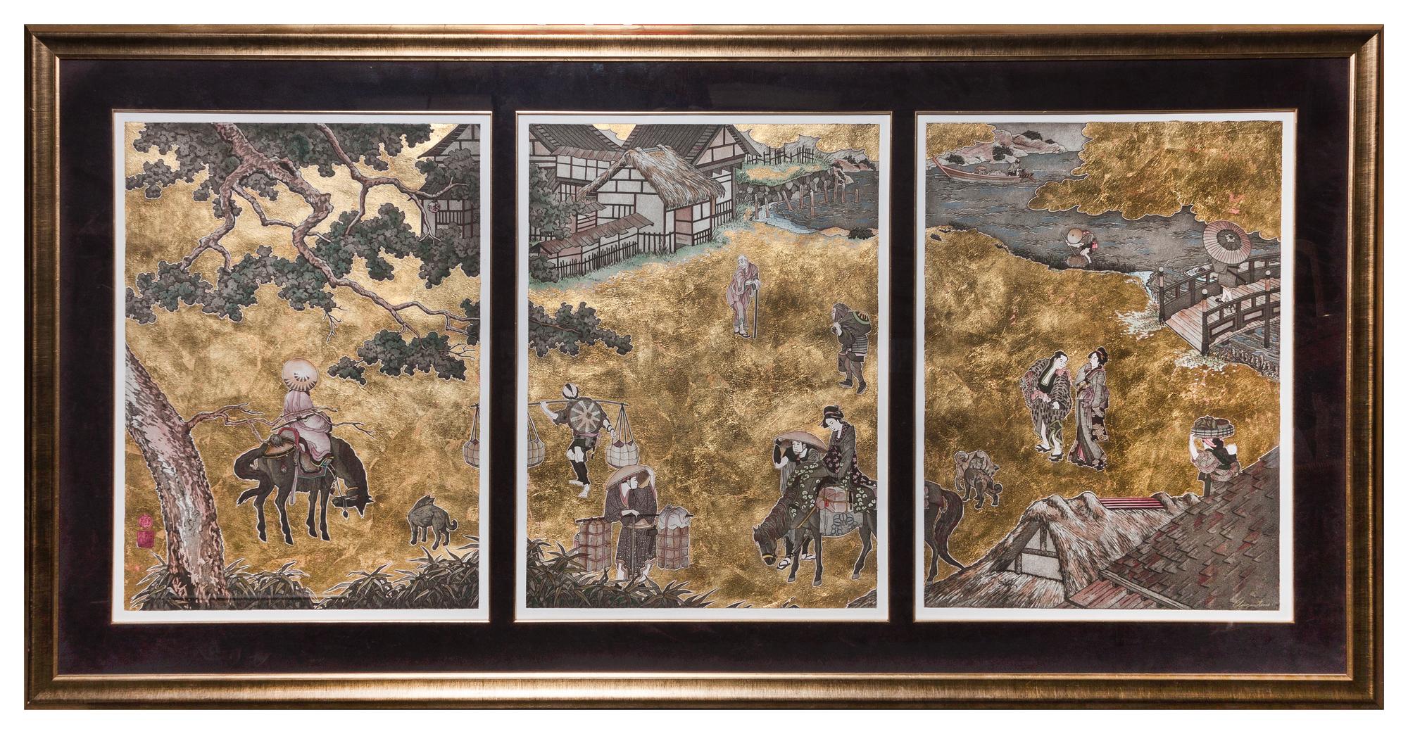 Augustine, (20th century), Triptych: Japanese Figures in Village