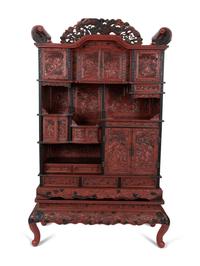 A Chinese Export Carved Red Lacquer Curio Cabinet — EARLY 20TH CENTURY