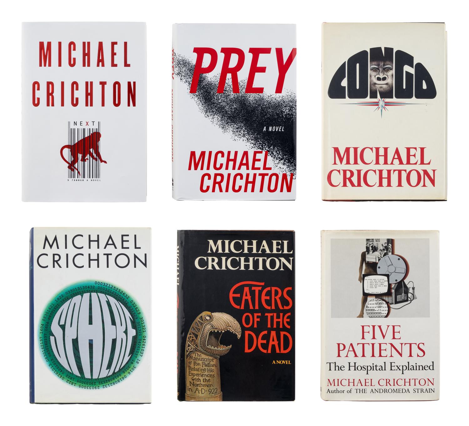 CRICHTON, Michael (1942-2008). A group of 6 FIRST EDITIONS of Crichton’s works, MANY SIGNED, comprising: