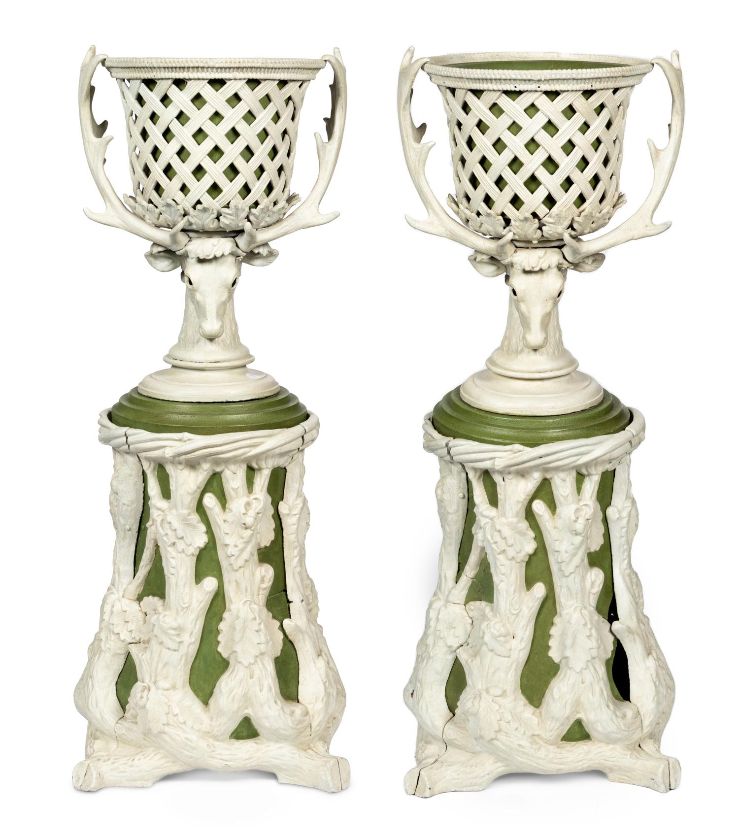 A Pair of Victorian Cream and Green-Painted Cast Metal Jardinières