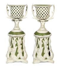A Pair of Victorian Cream and Green-Painted Cast Metal Jardinières