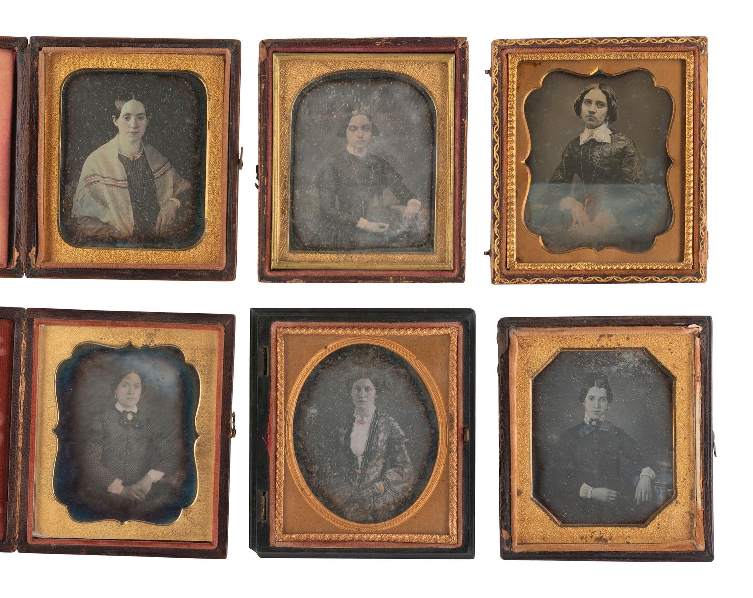[EARLY PHOTOGRAPHY]. 22 sixth plate daguerreotypes of women wearing jewelry and accessories.