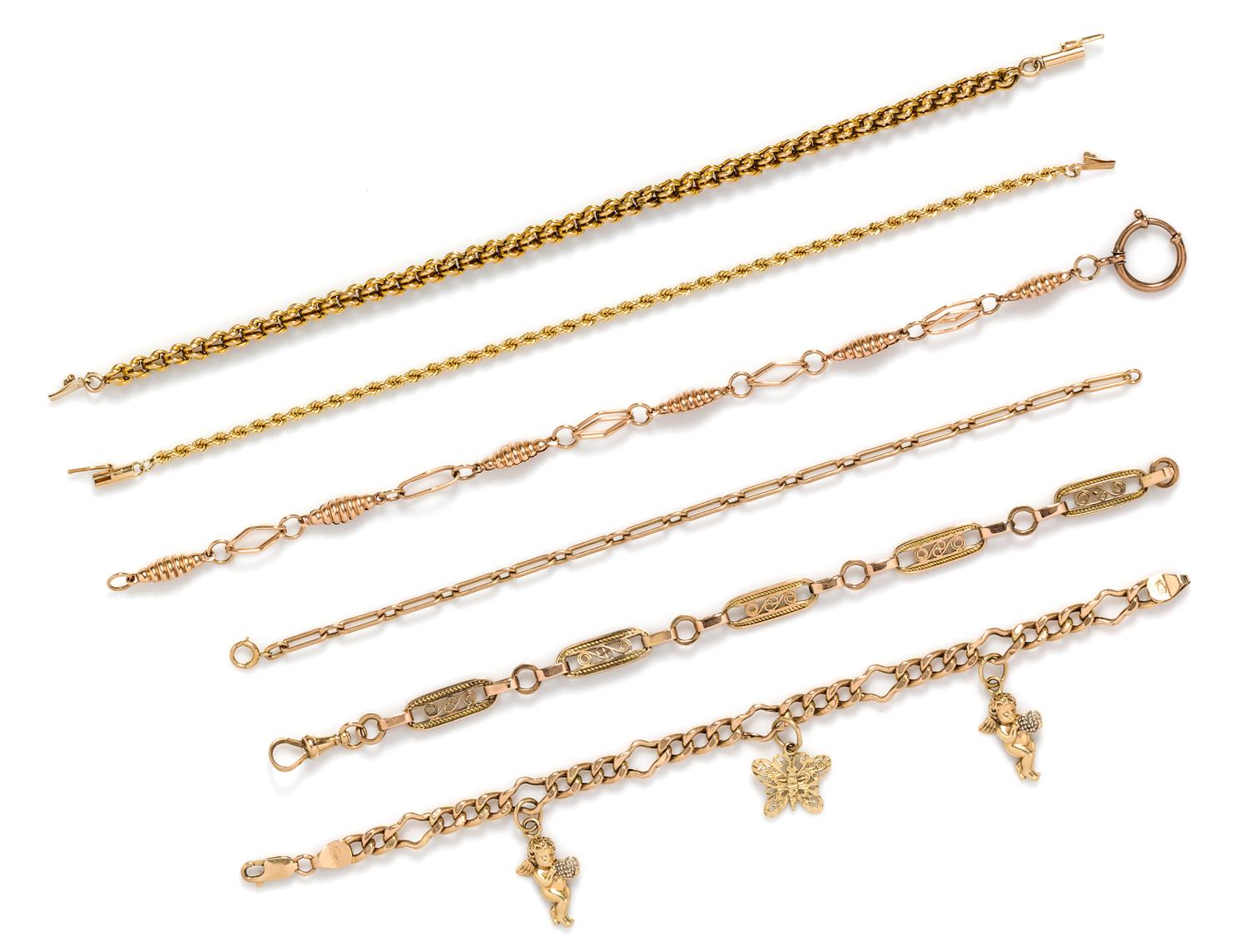 A Collection of Yellow and Rose Gold Chain Bracelets, 38.80 dwts.