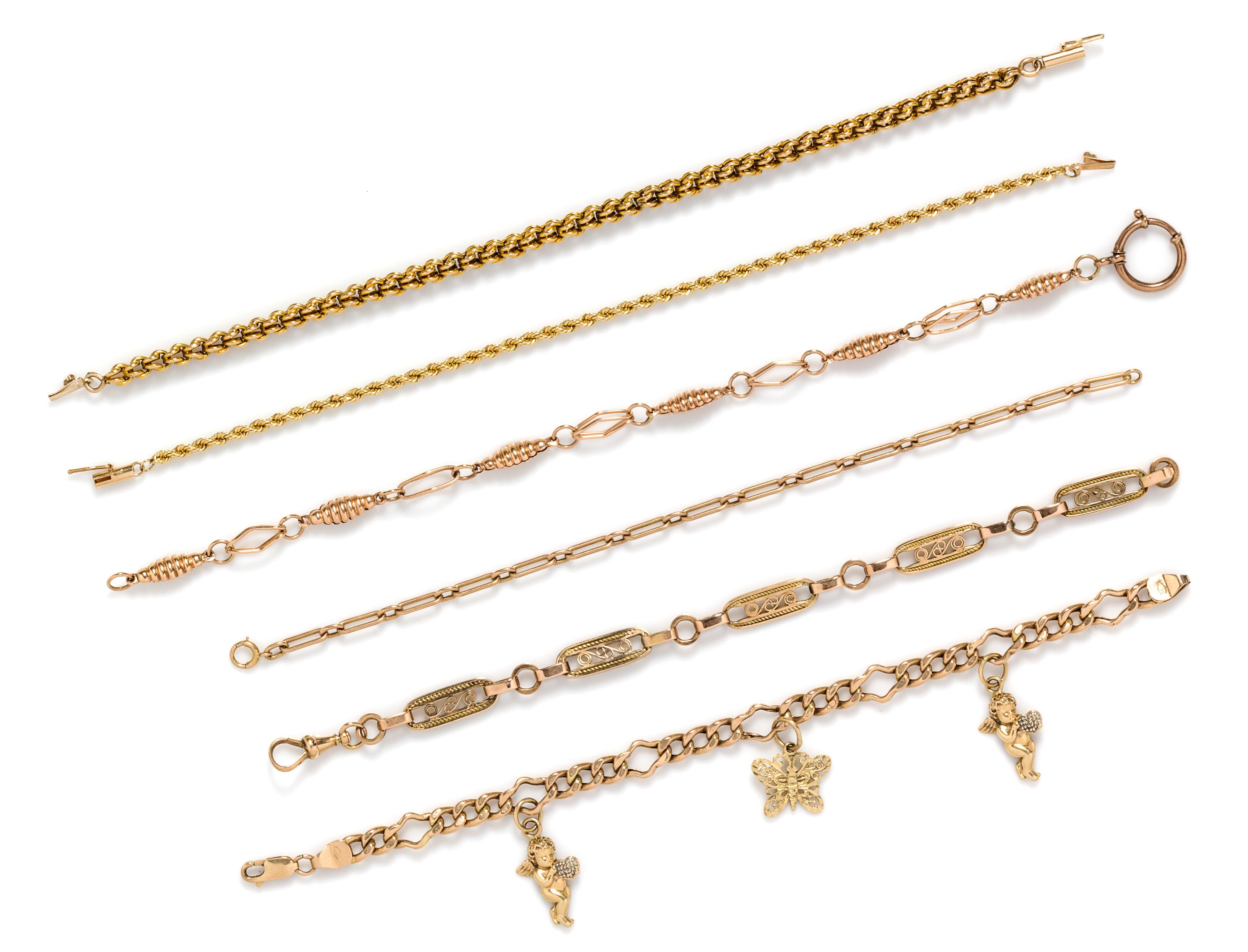 A Collection of Yellow and Rose Gold Chain Bracelets, 38.80 dwts.