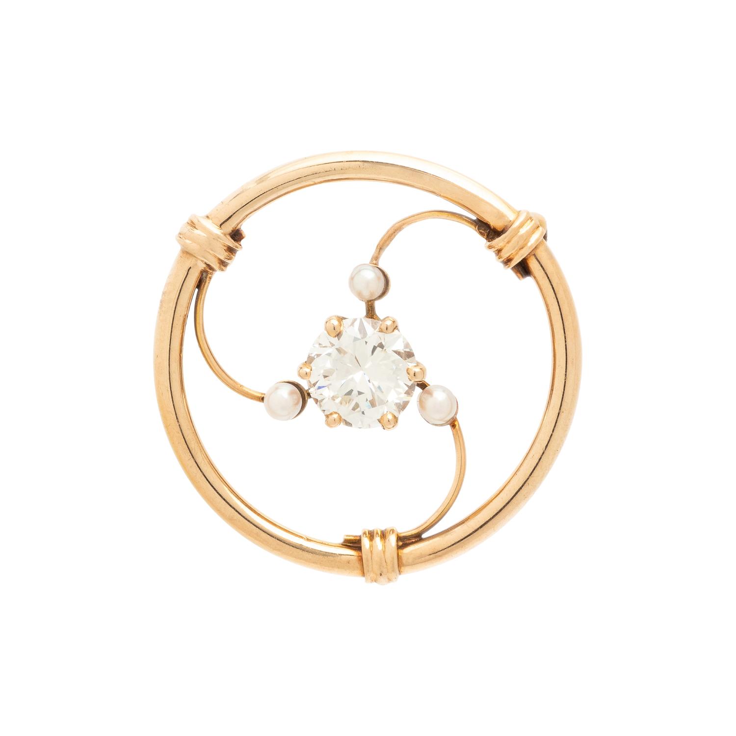 YELLOW GOLD, DIAMOND, AND SEED PEARL BROOCH
