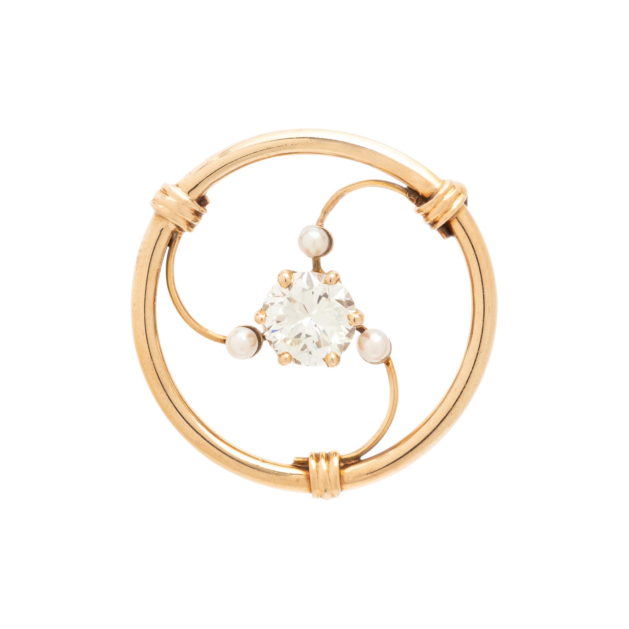 YELLOW GOLD, DIAMOND, AND SEED PEARL BROOCH