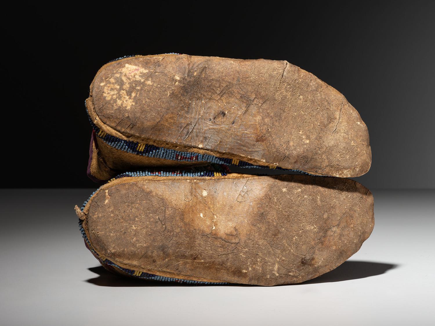 Sioux Quilled and Beaded Hide Moccasins, with Horse Tracks and Honor Wounds