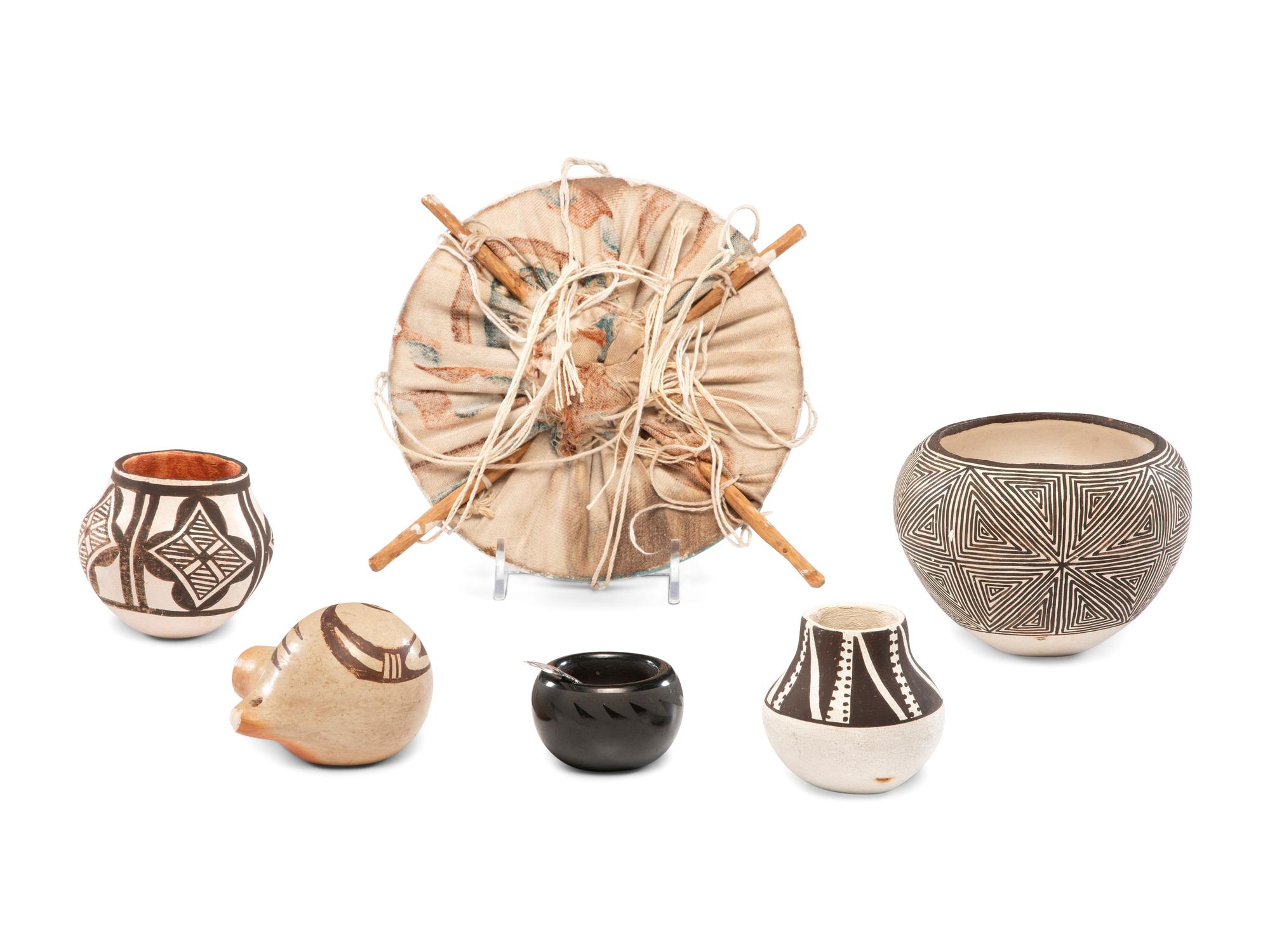 Collection of Pueblo Pottery and Dance Bustle Remnant