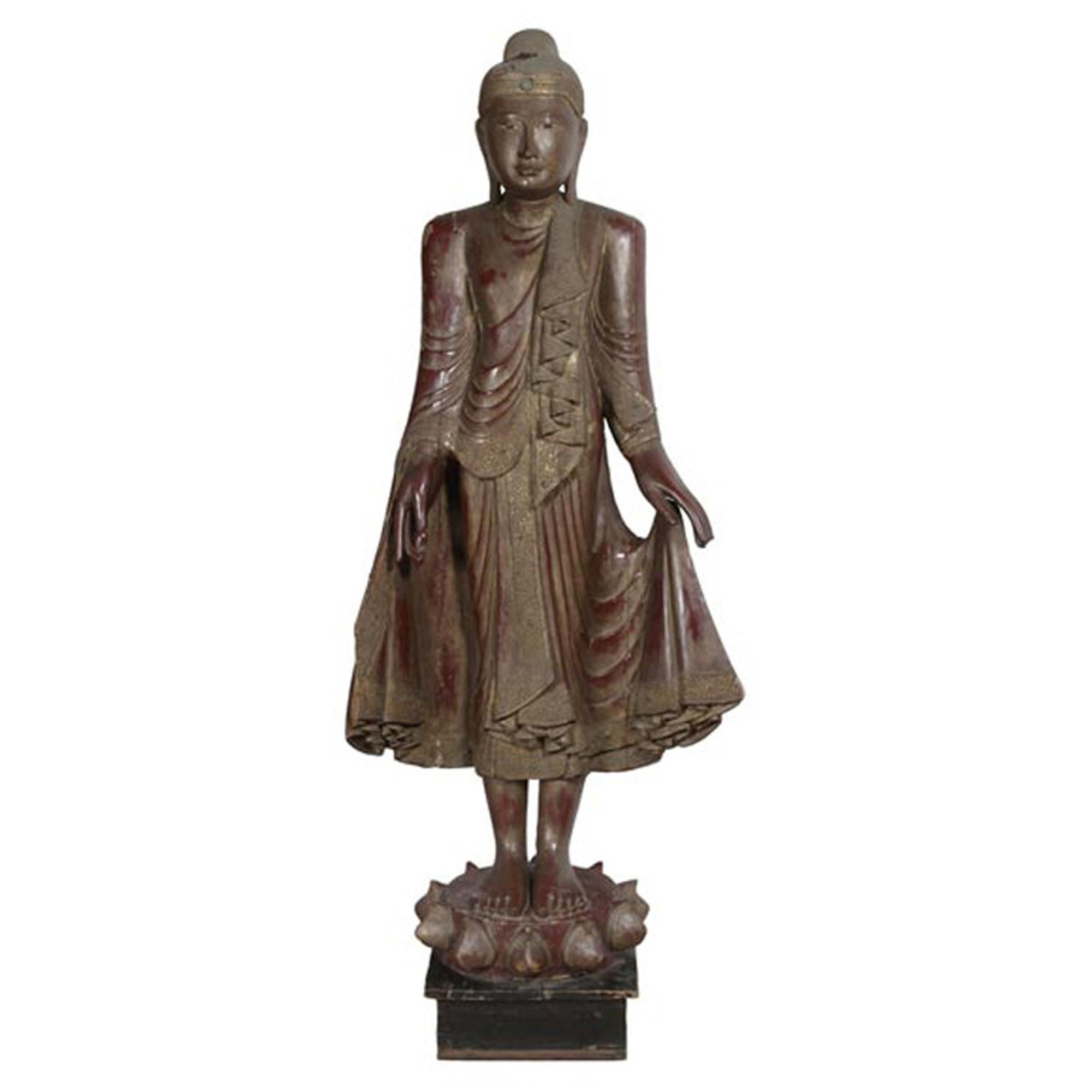 A Carved Wood Buddha with Faux Jewels 33" W x 18" D x 87" H — Myanmar, 19th Century