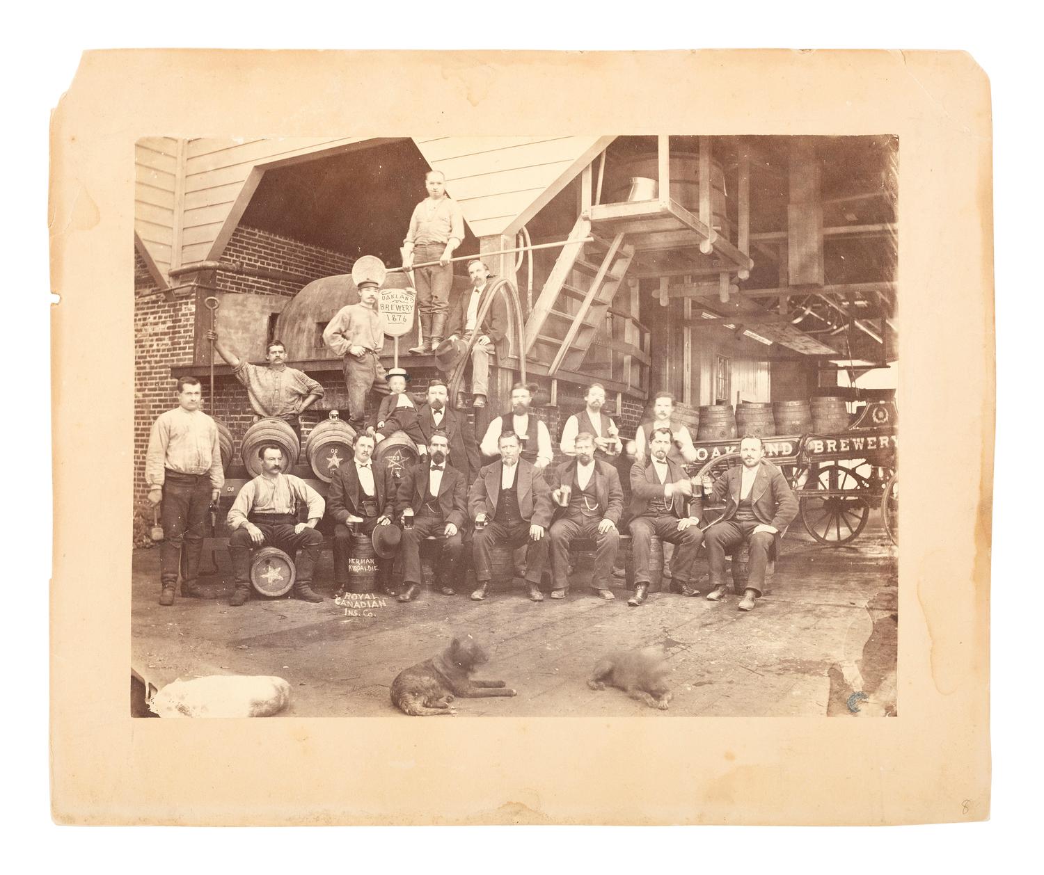 Western Americana -- California Portrait of a group of men from the Royal Canadian Insurance Co. posing with beer steins at the Oakland Brewery. [Oakland, CA]: 1876.
