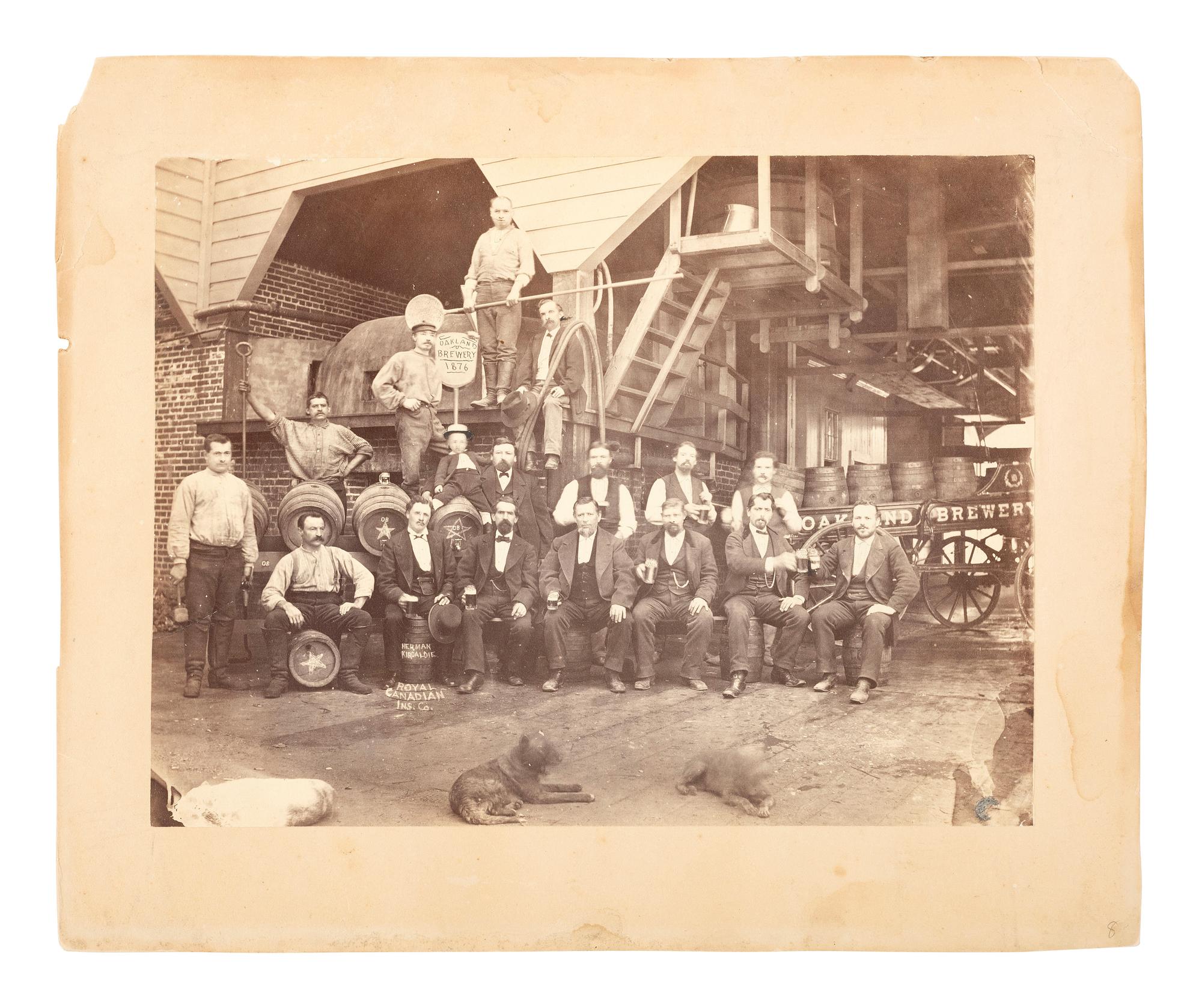 Western Americana -- California Portrait of a group of men from the Royal Canadian Insurance Co. posing with beer steins at the Oakland Brewery. [Oakland, CA]: 1876.