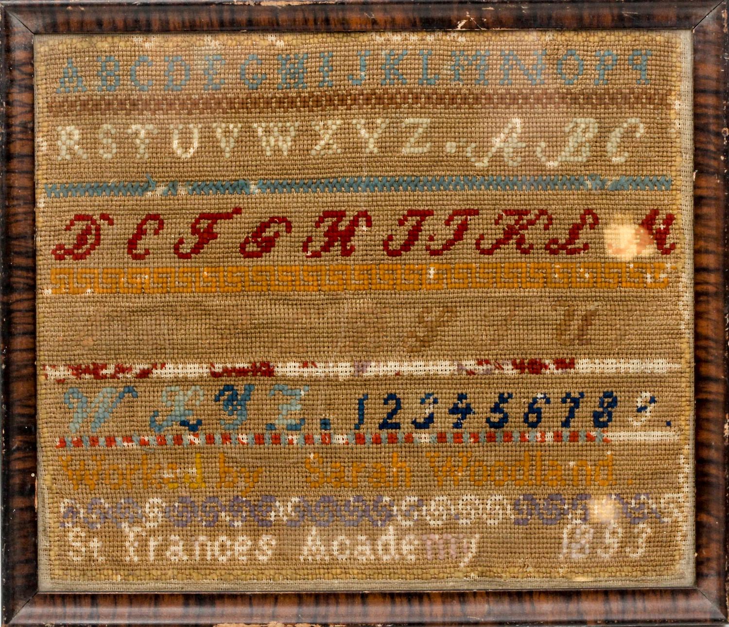 A Victorian Needlework Sampler Height 11 1/2 x width 13 1/2 inches. — 1893