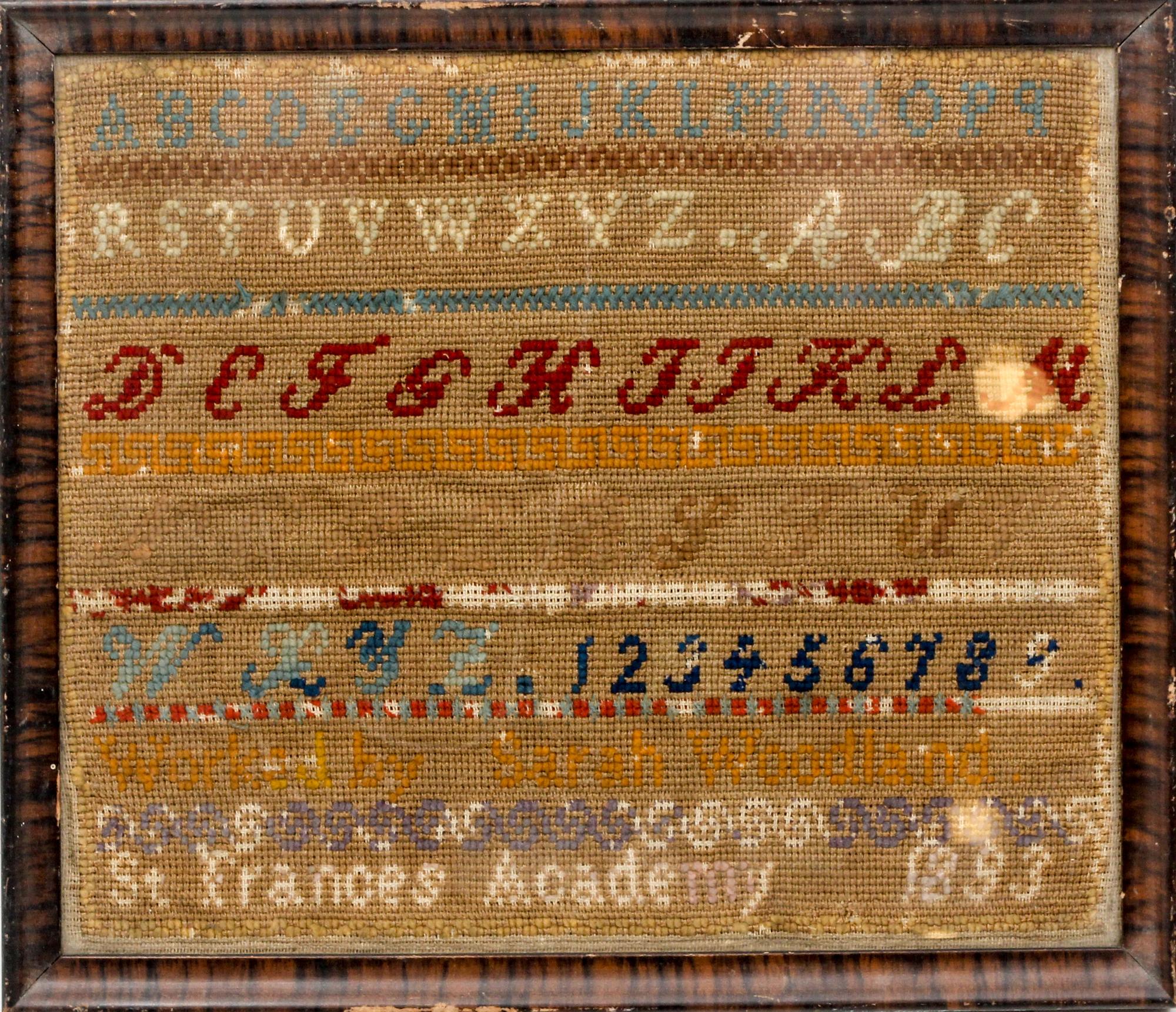 A Victorian Needlework Sampler Height 11 1/2 x width 13 1/2 inches. — 1893