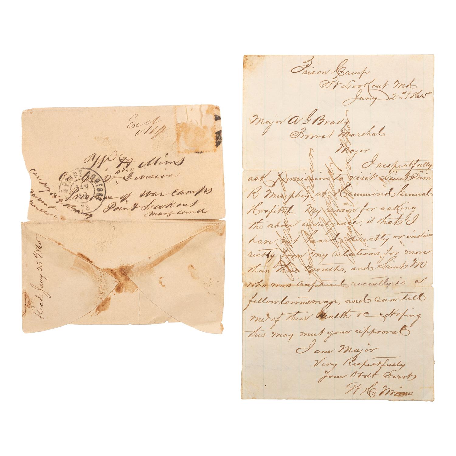 [CIVIL WAR]. A group of Civil War letters and ephemera representing multiple soldiers, a war-date governor, and including Andersonville POW letter from Private Samuel W. Armington (1837-1913), Co. D, Massachusetts 15th Infantry.