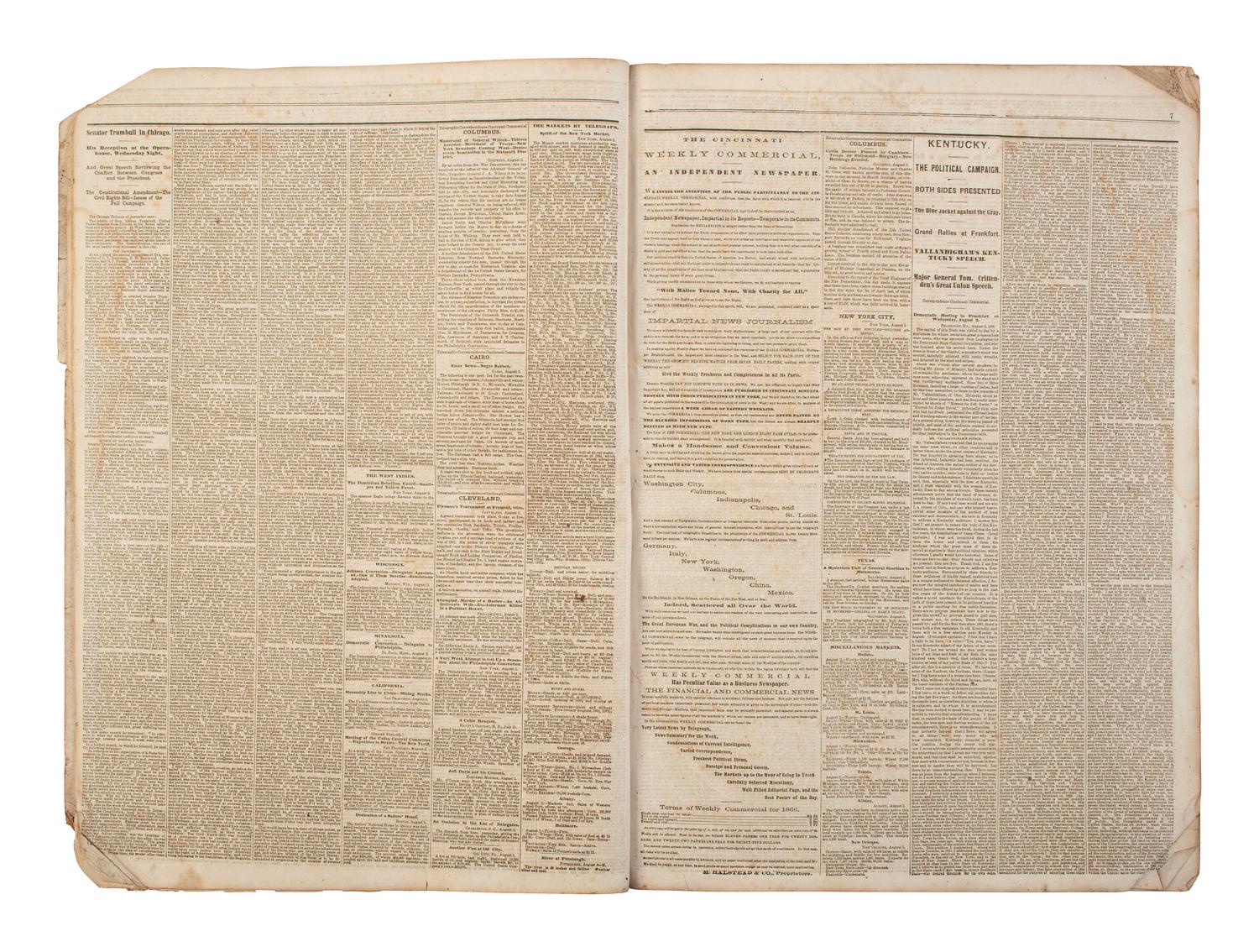 [POLITICS - RECONSTRUCTION]. The Cincinnati Commercial. Speeches of the Campaign of 1866 in the States of Ohio, Indiana, and Kentucky . Cincinnati, OH, 1866.