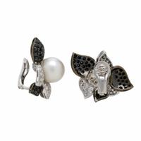 Cultured Pearl, Black Diamond, and Diamond Earrings