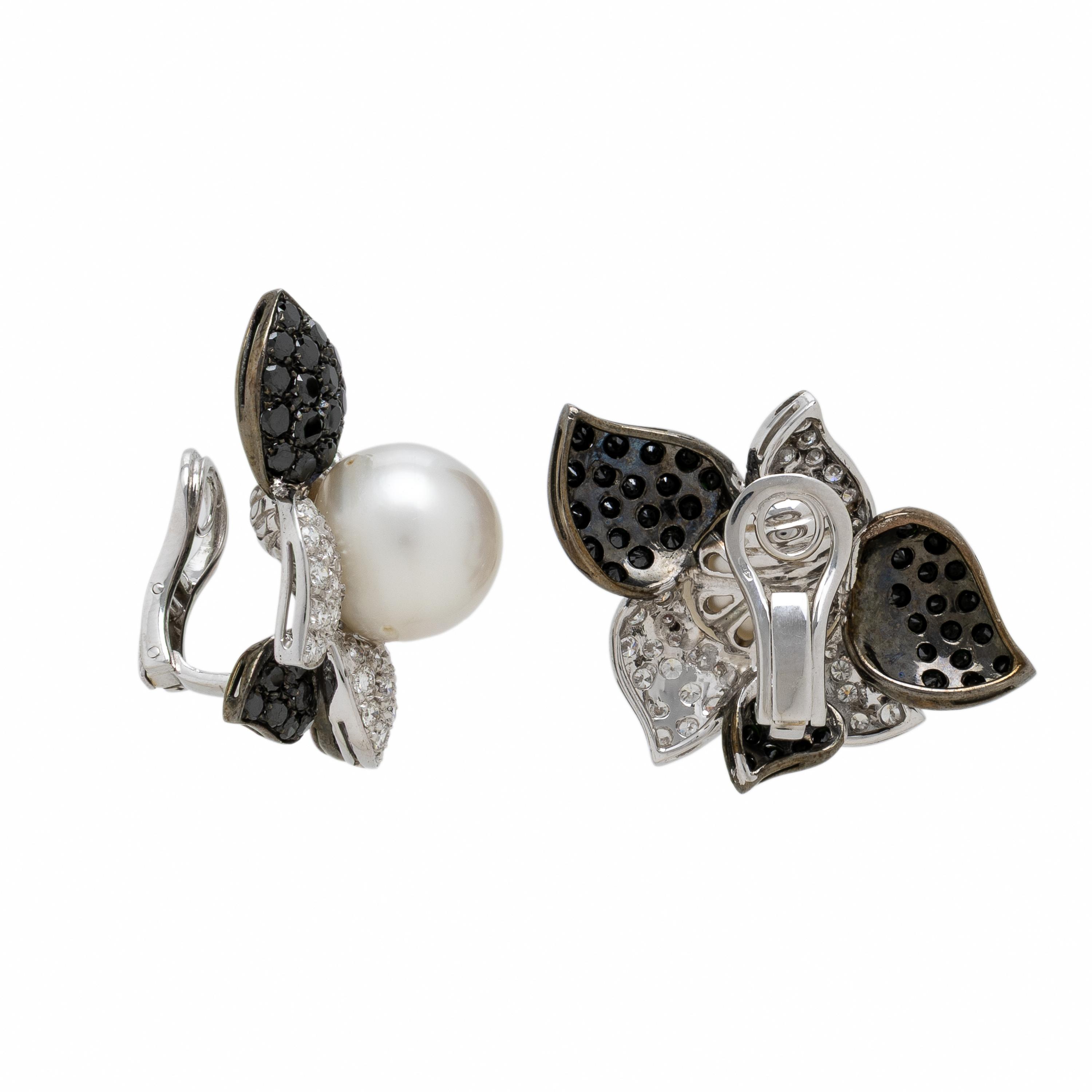 Cultured Pearl, Black Diamond, and Diamond Earrings