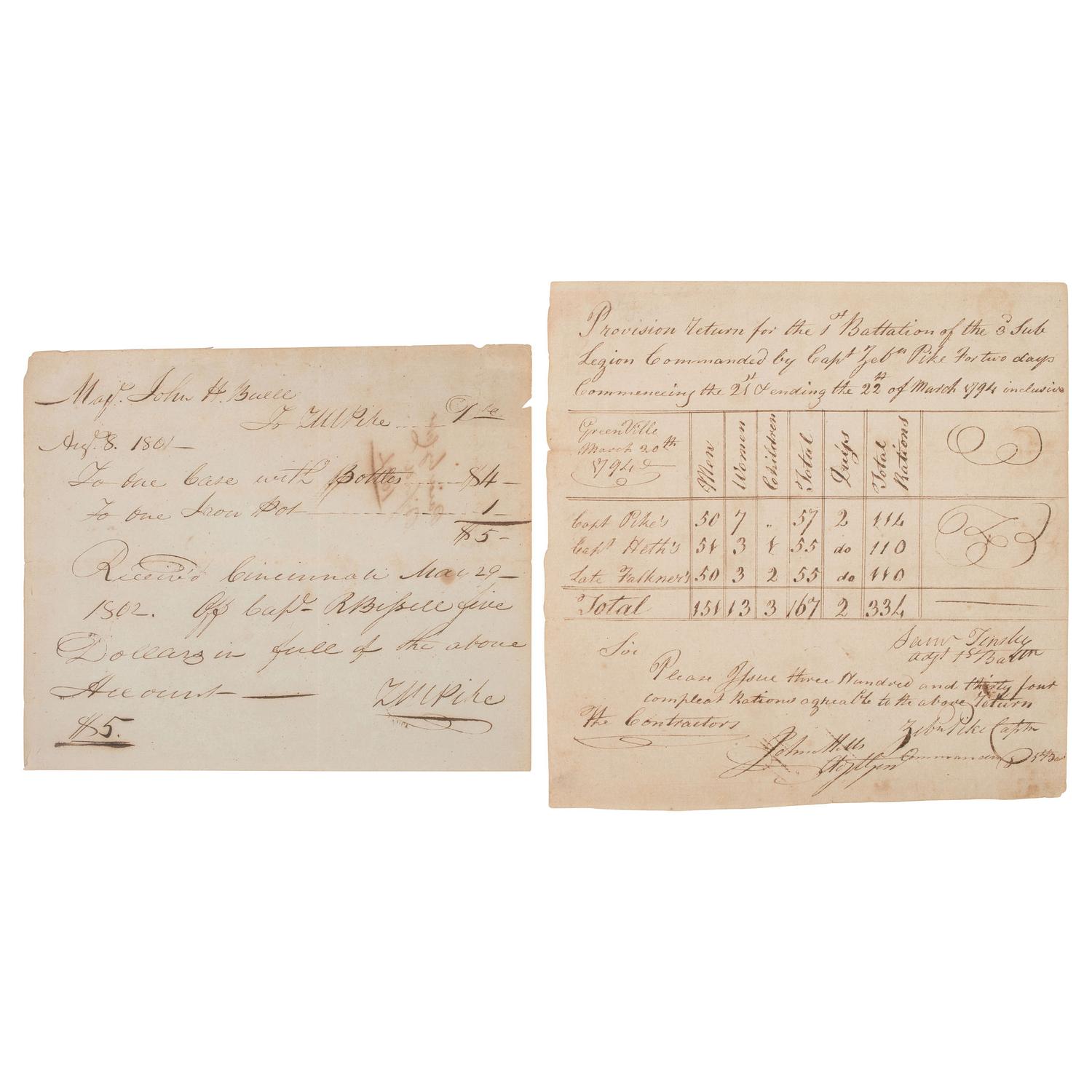 [WESTERN AMERICANA]. PIKE, Zebulon Montgomery (1779-1813). Autograph receipt signed ("Z.M. Pike"), Cincinnati, 29 May 1802. [ With: ] A provision return signed by Captain Zebulon Pike, Sr. (1751-1834) at Greenville, OH, 1794.