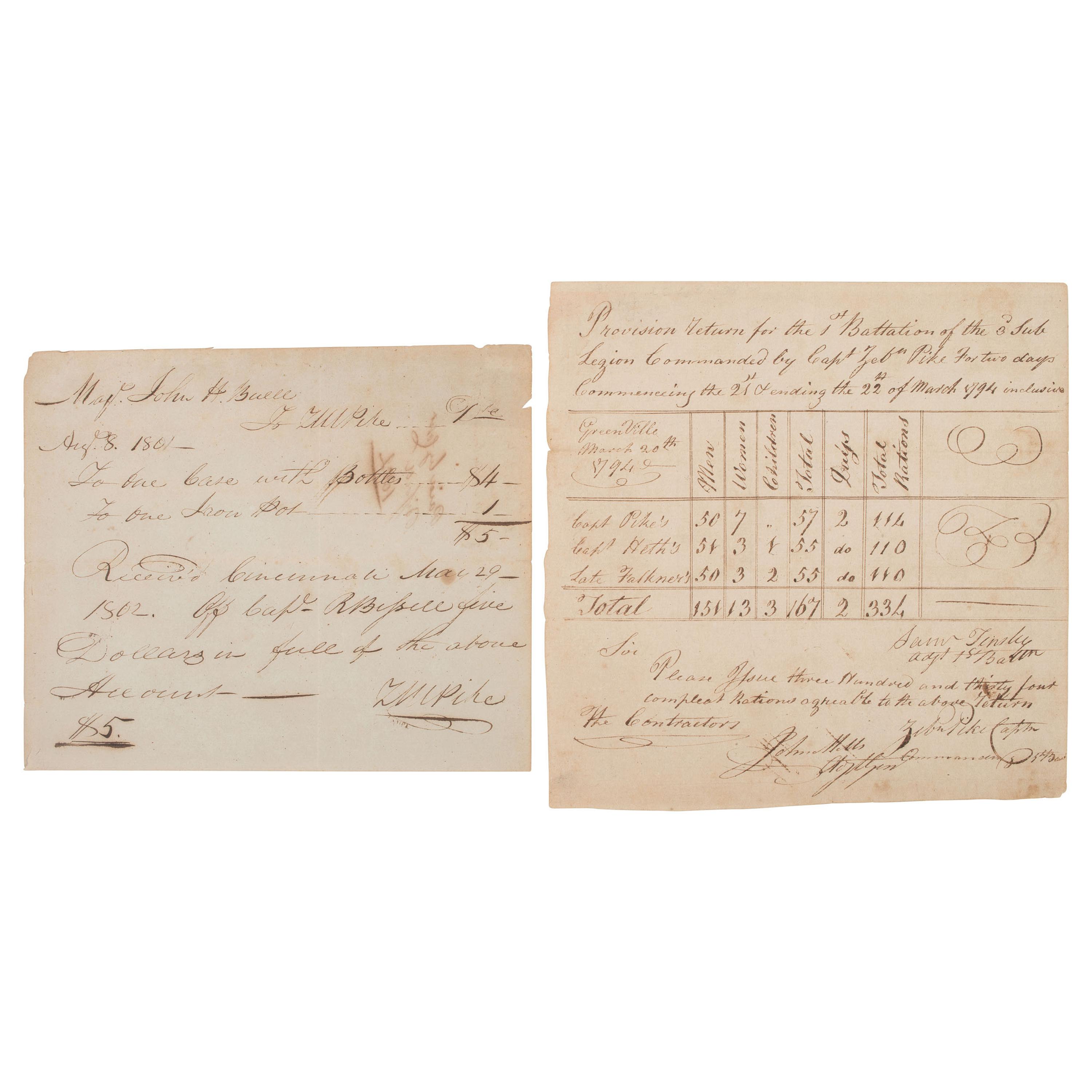 [WESTERN AMERICANA]. PIKE, Zebulon Montgomery (1779-1813). Autograph receipt signed ("Z.M. Pike"), Cincinnati, 29 May 1802. [ With: ] A provision return signed by Captain Zebulon Pike, Sr. (1751-1834) at Greenville, OH, 1794.
