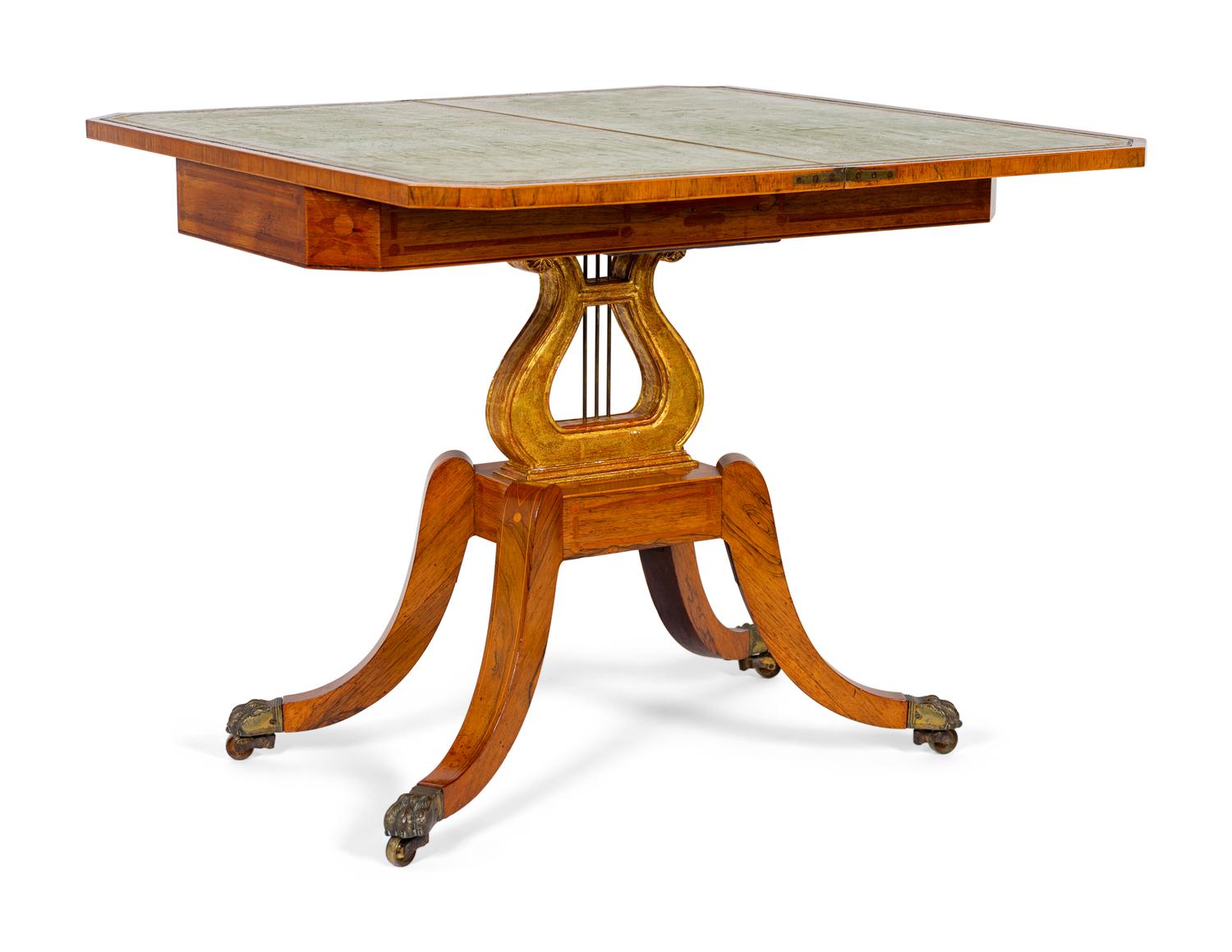 A Regency Style Satinwood Inlaid Parcel Gilt Rosewood Lyre-Base Flip Top Game Table — 19TH CENTURY