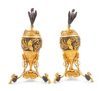 A Pair of French Neoclassical Gilt and Patinated Bronze Urn Ornaments