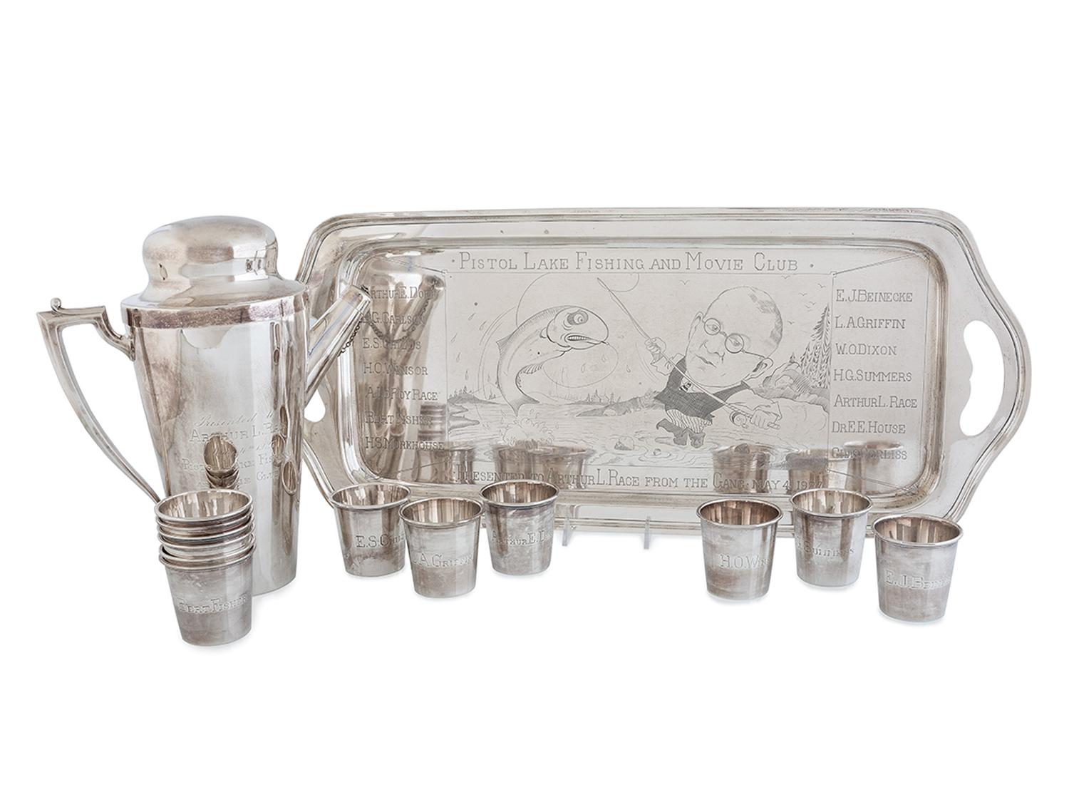 A Frank M. Whiting and Co. Silver 'Pistol Lake Fishing and Movie Club' Presentation Cocktail Service
