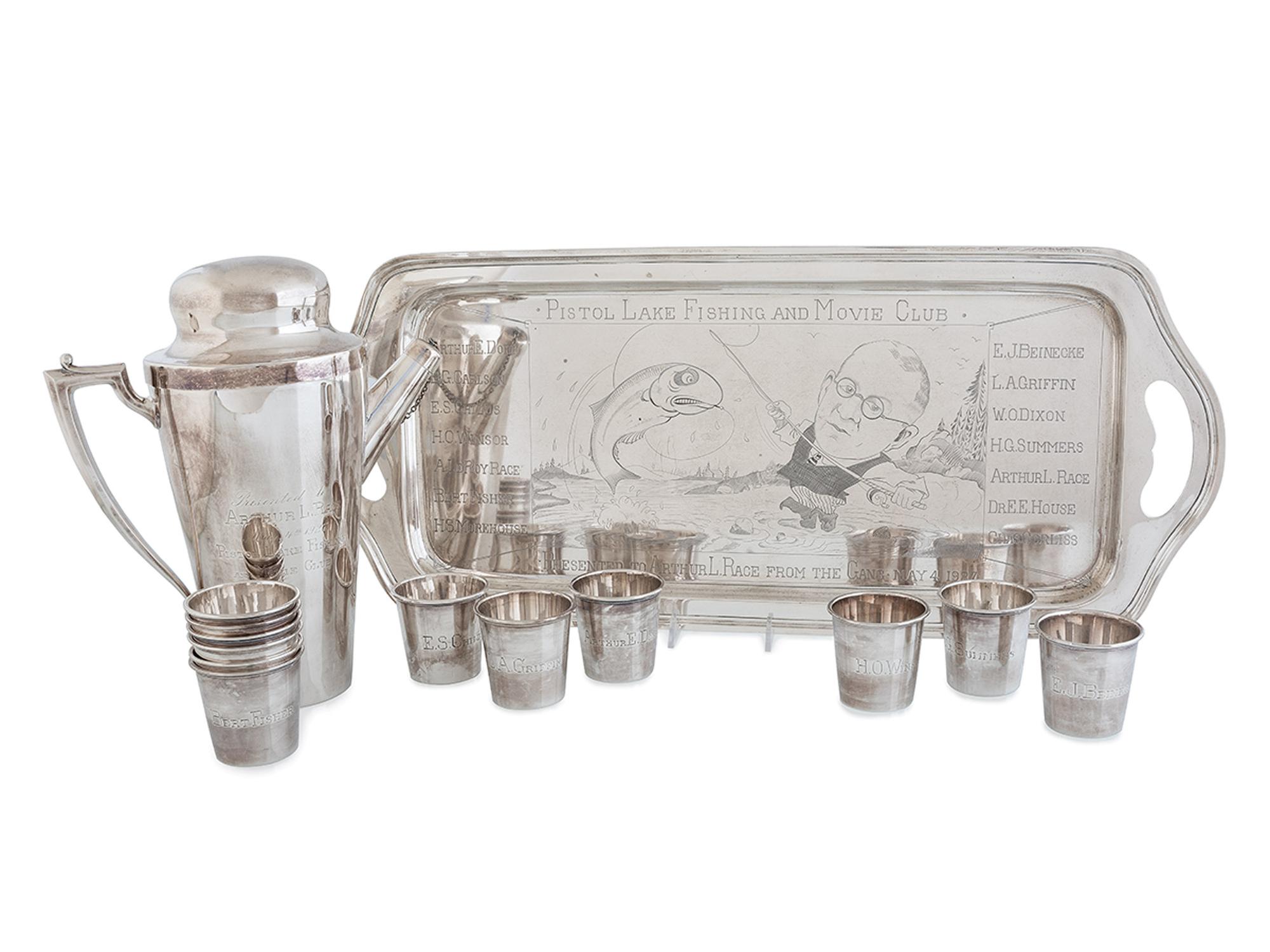 A Frank M. Whiting and Co. Silver 'Pistol Lake Fishing and Movie Club' Presentation Cocktail Service