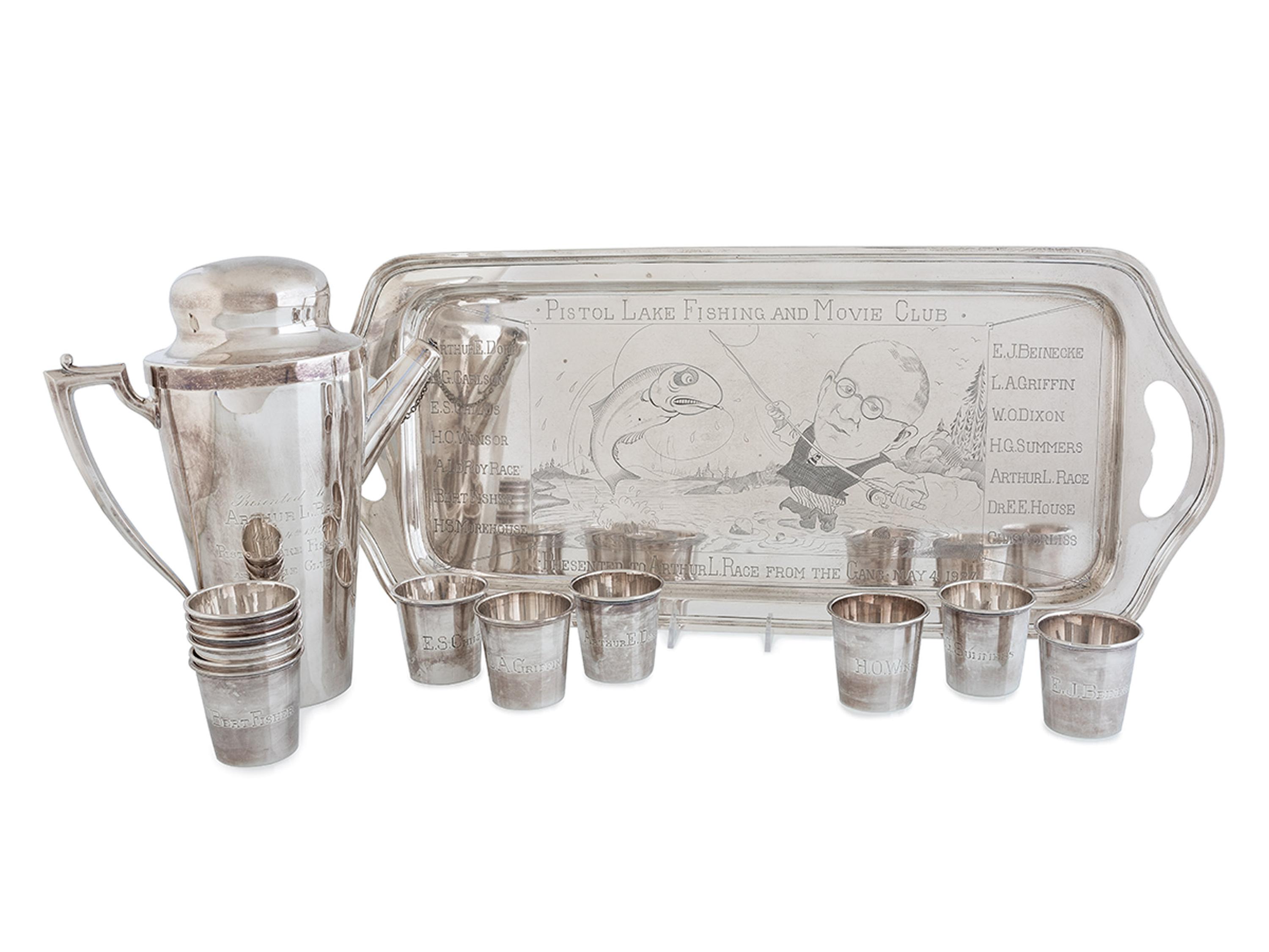A Frank M. Whiting and Co. Silver 'Pistol Lake Fishing and Movie Club' Presentation Cocktail Service