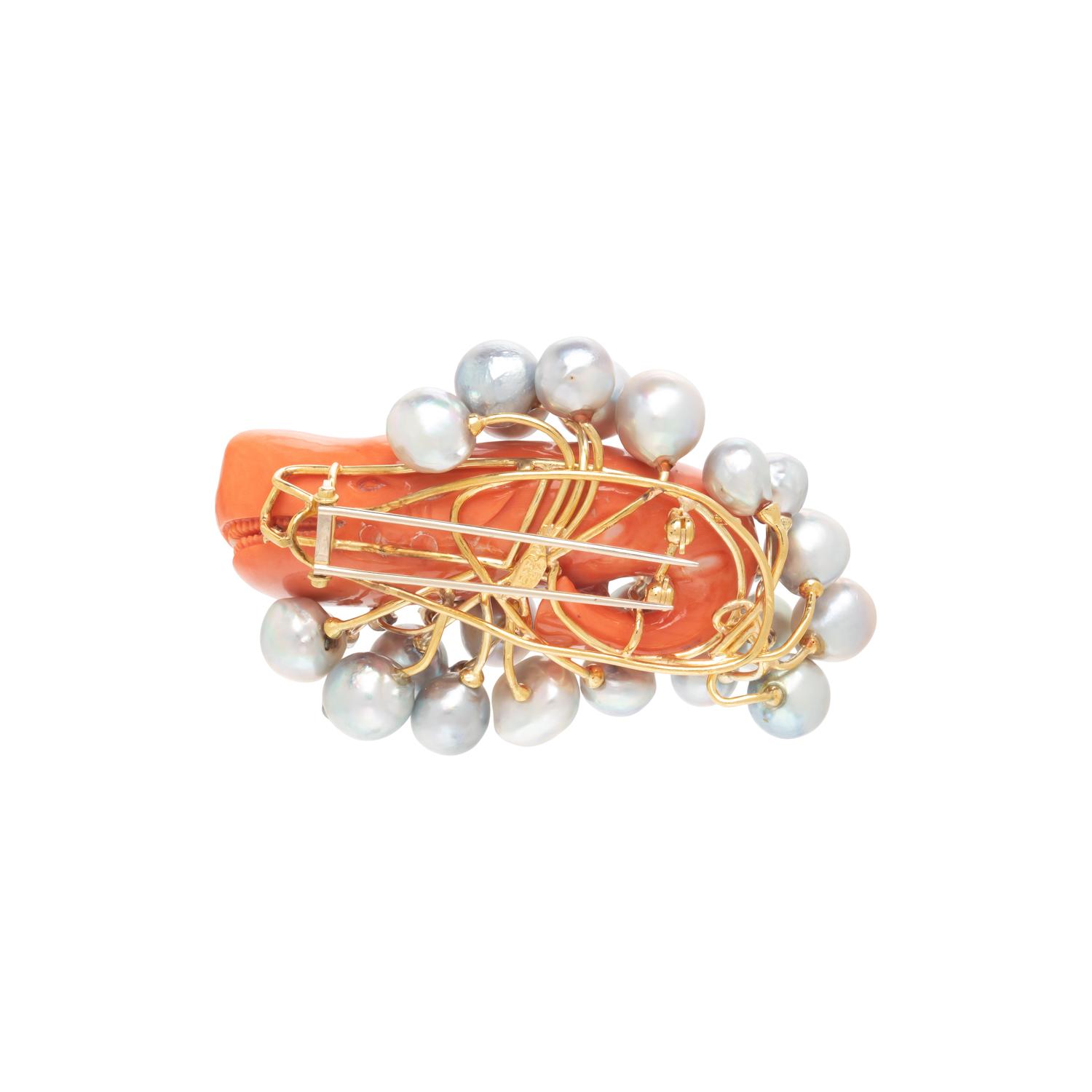 CORAL, CULTURED PEARL, AND DIAMOND WHALE BROOCH