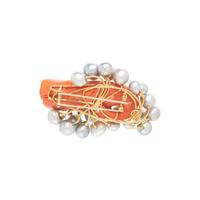 CORAL, CULTURED PEARL, AND DIAMOND WHALE BROOCH