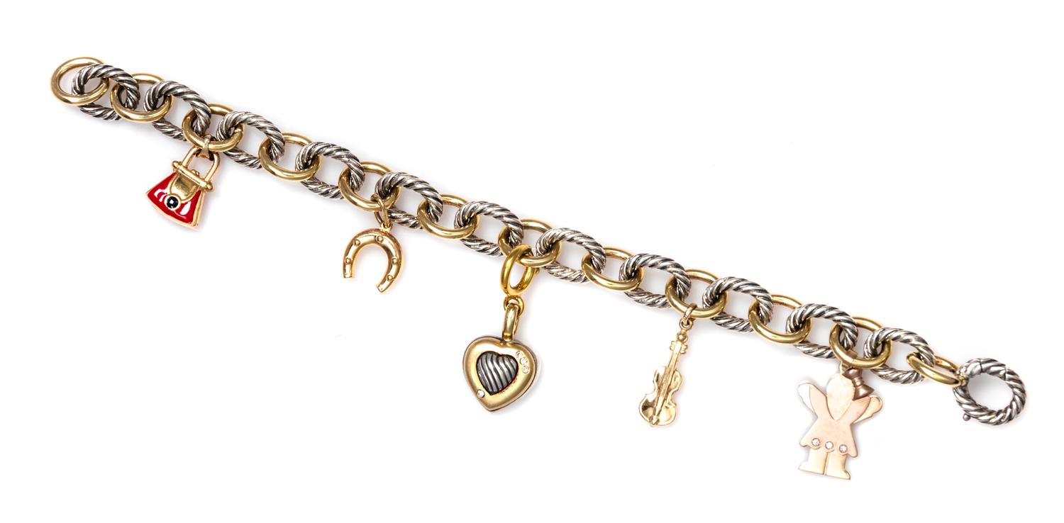 A Sterling Silver and 18 Karat Yellow Gold 'Oval Link' Charm Bracelet, David Yurman, 38.80 dwts.