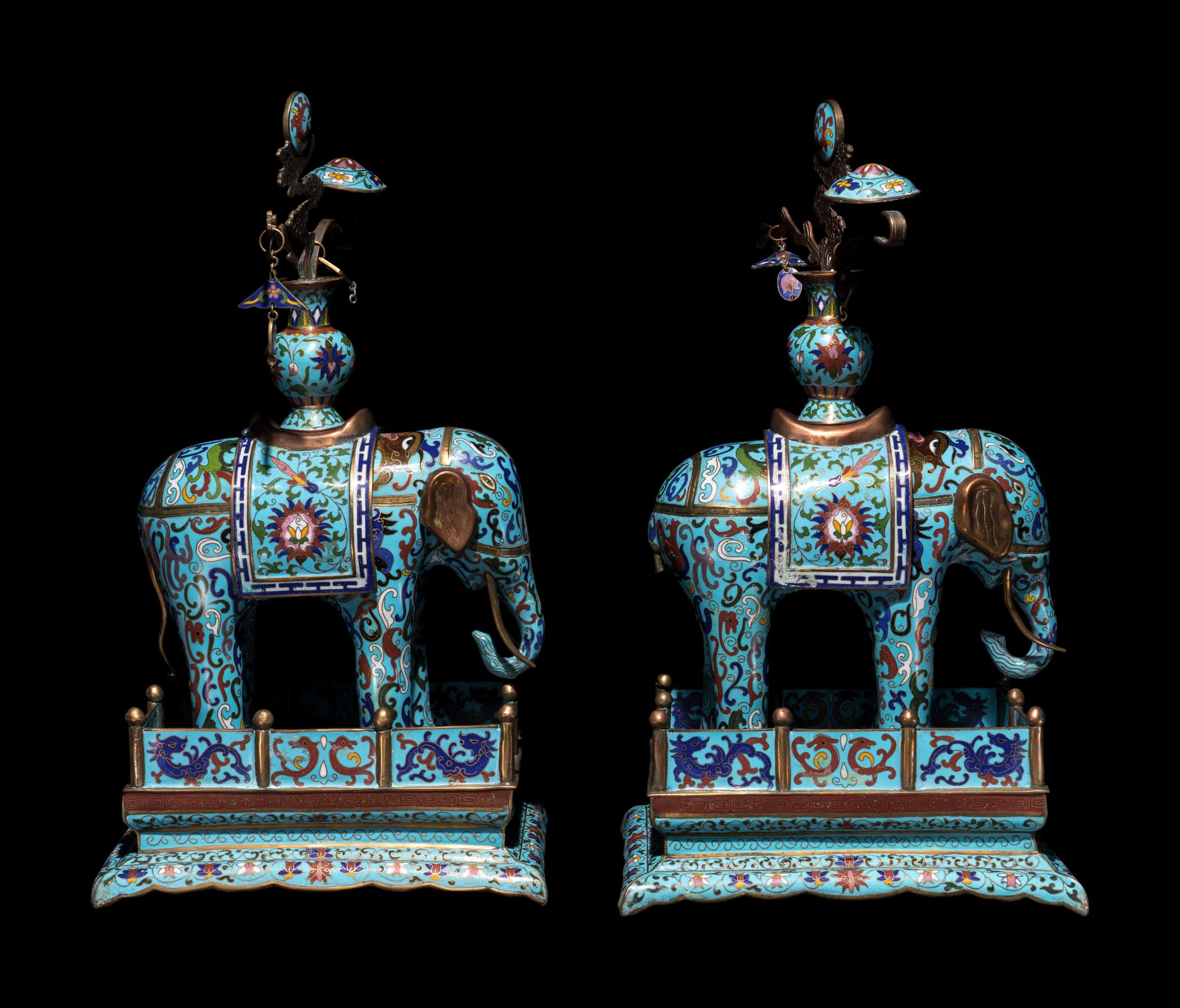 A Pair of Chinese Cloisonné Enamel Figures of Caparisoned Elephants